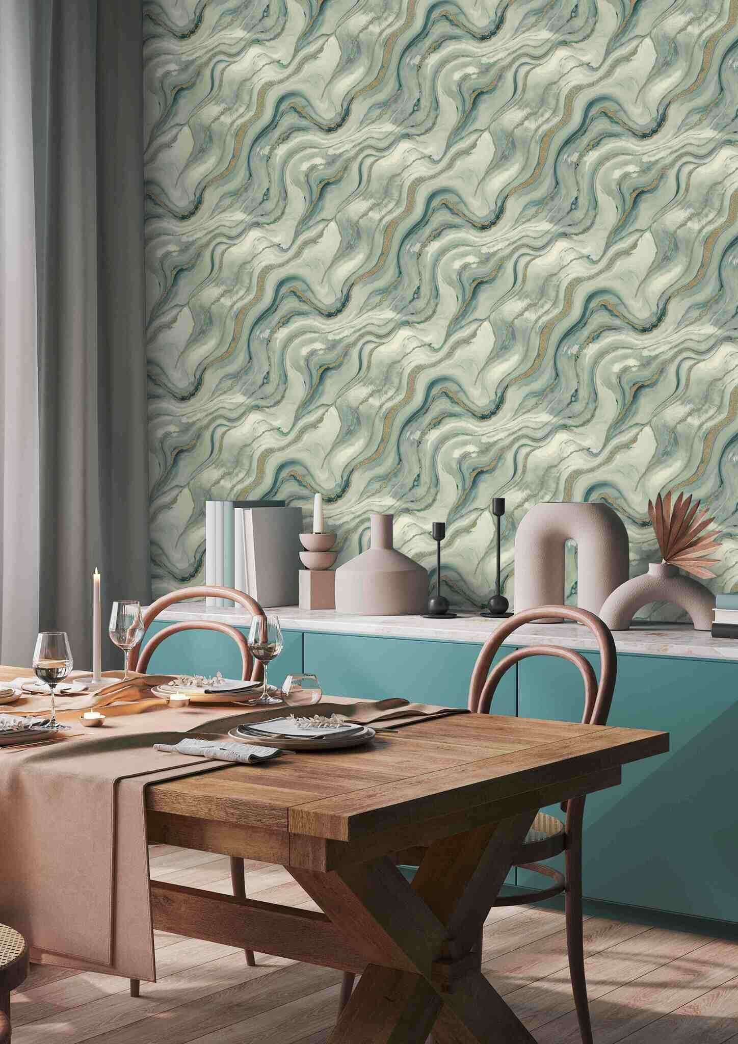 10-497632 Raumsituationen 2 Marble-effect wallpaper in green - Factory VI Marmorea 497632