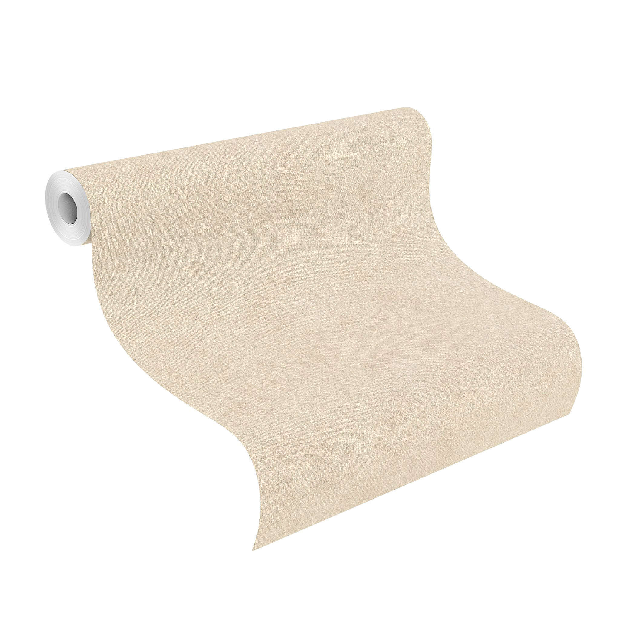 10-408133 Rolle abgerollt 1 Unrolled wallpaper roll with Non-woven wallpaper in a light beige tone with a subtle woven texture