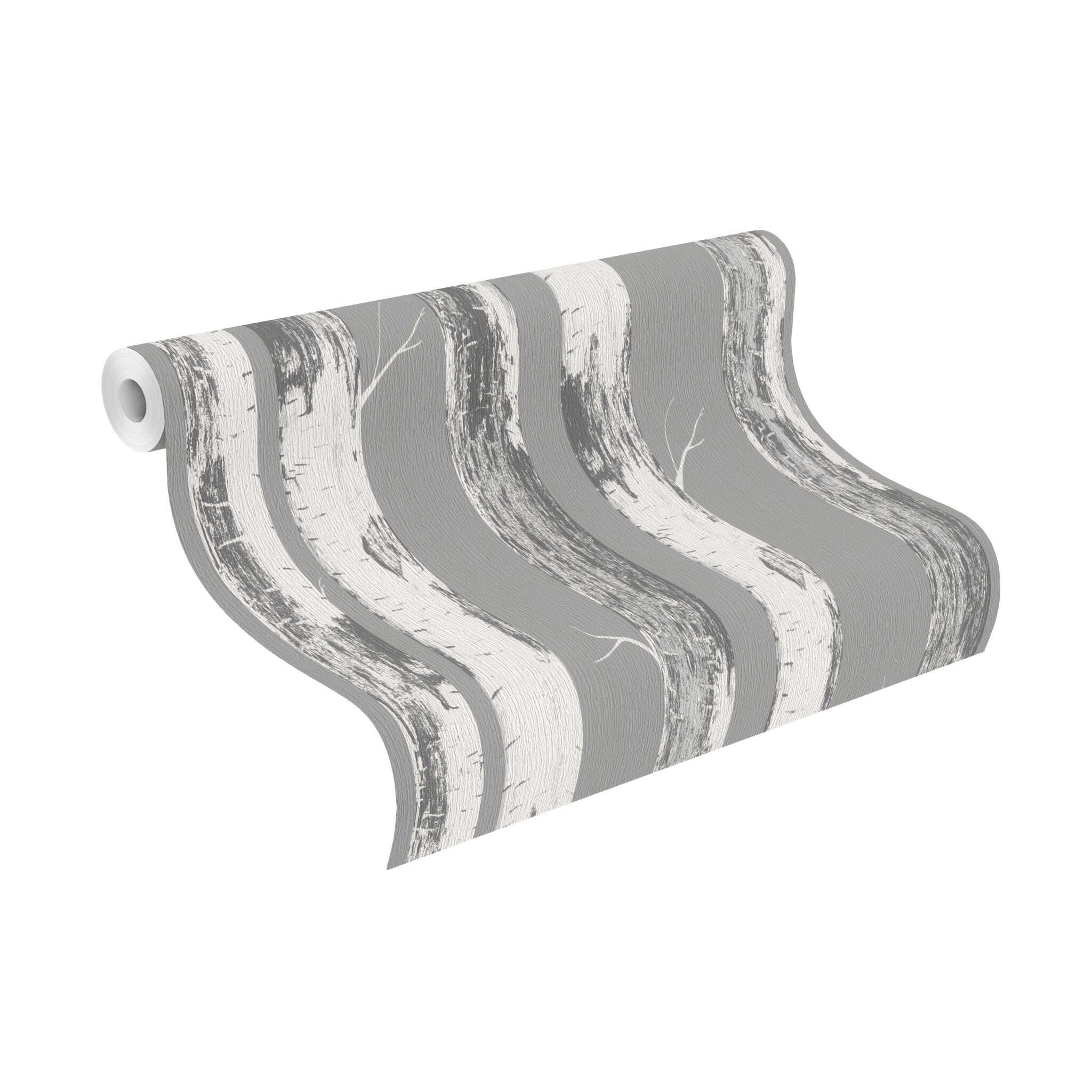10-285420 Rolle abgerollt 1 Unrolled wallpaper roll with Forest-inspired wallpaper with white birch trees and dark grey-green in the background for a peaceful ambience