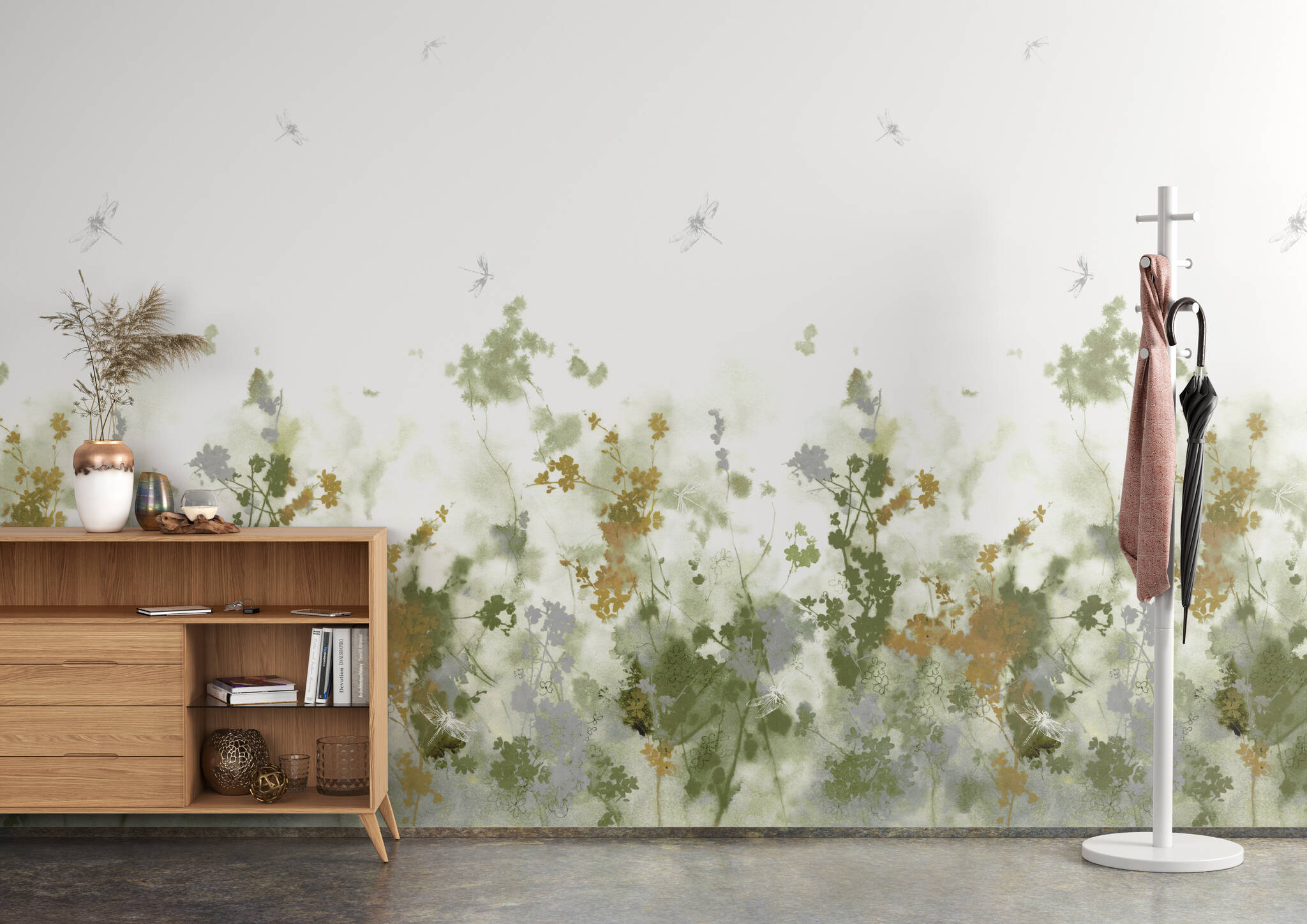 Arbeitszimmer mit Wandbild - Pflanzenprints in sanftem grünen Licht dazu angedeutet einige Libellen
