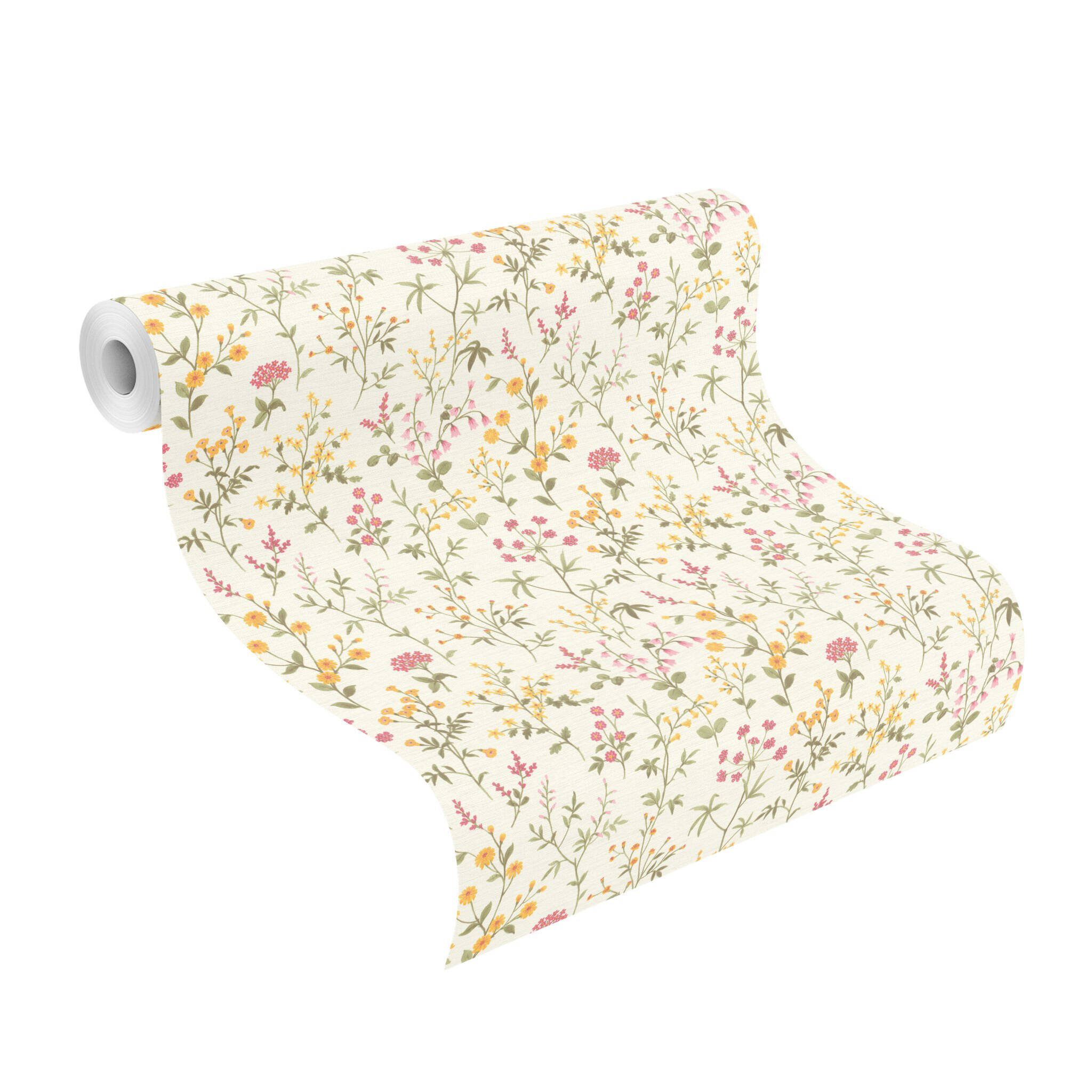 10-370317 Rolle abgerollt 1 Daisy 370317 self-adhesive wallpaper - floral wallpaper with wildflowers in yellow, pink and green
