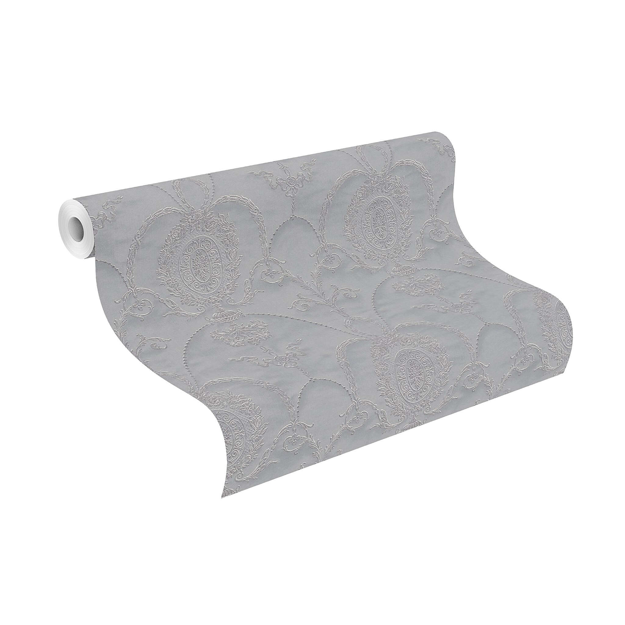 10-532128 Rolle abgerollt 1 Unrolled wallpaper roll with Wallpaper with embroidered ornaments on silver-grey fabric with a silk look