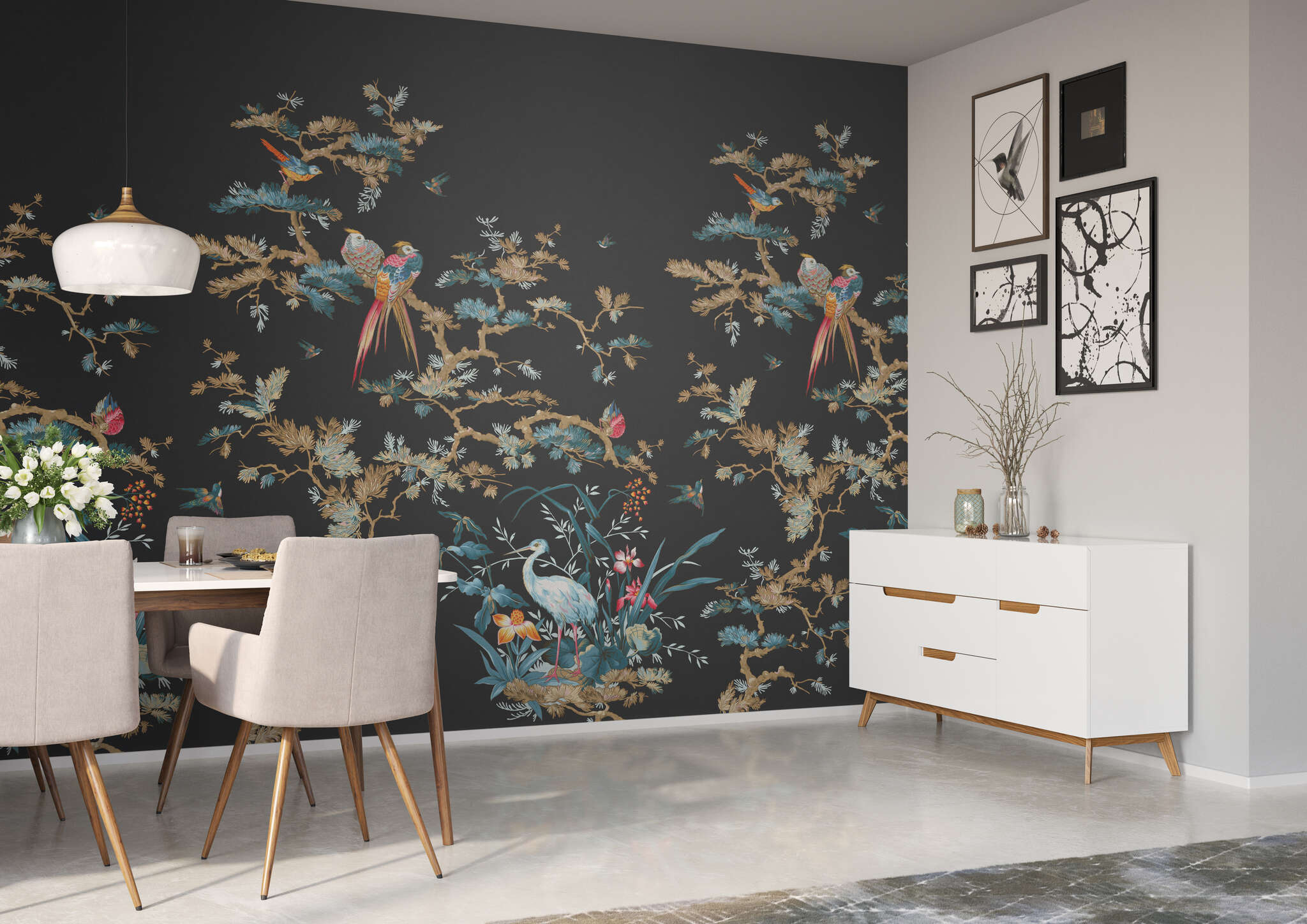 Esszimmer mit 362879 - Wandbild - Exotische Vogelwelt auf schwarzem Grund magicwalls Papier peint 362879