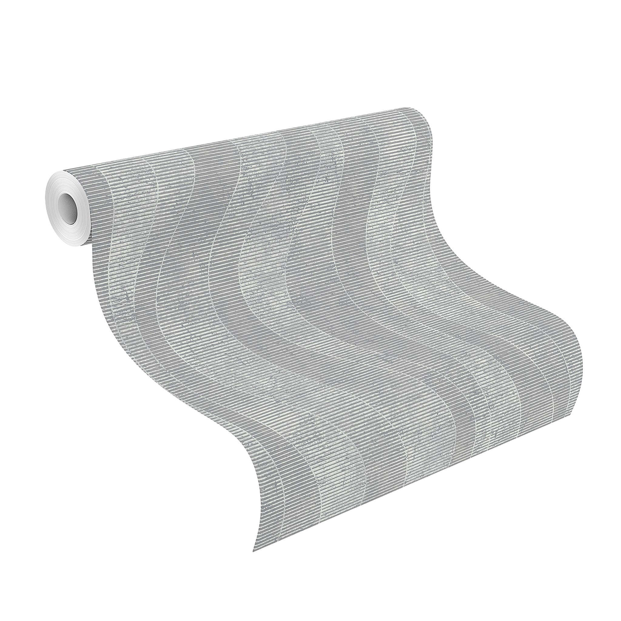 10-315820 Rolle abgerollt 1 Rouleau de déroulé avec Papier peint gris argenté avec une structure ondulée moderne et une surface à effet métallique – élégant et vivant.
