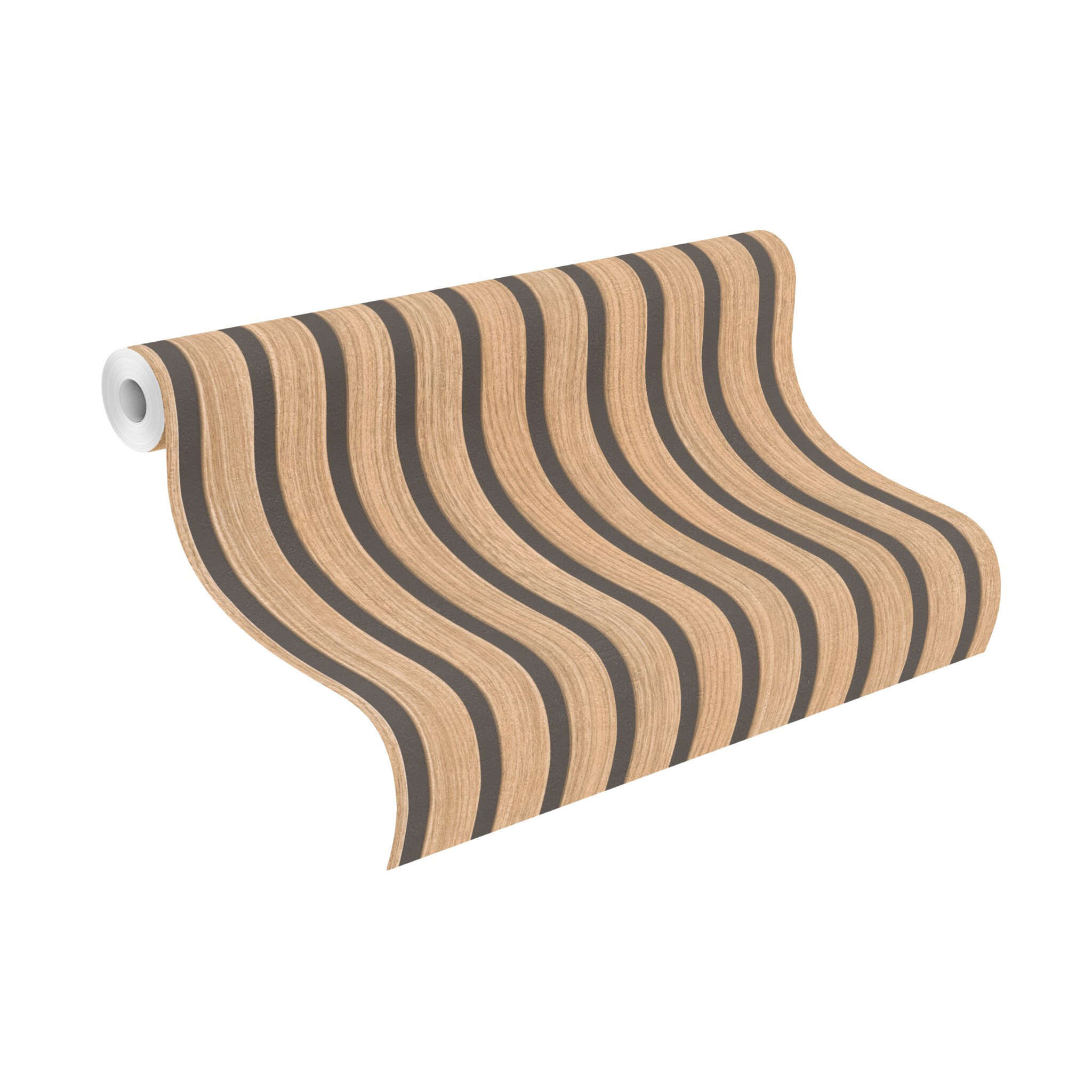10-278408 Rolle abgerollt 1 Unrolled wallpaper roll with Wallpaper with alternating light and dark wood stripes for a modern, natural wall look