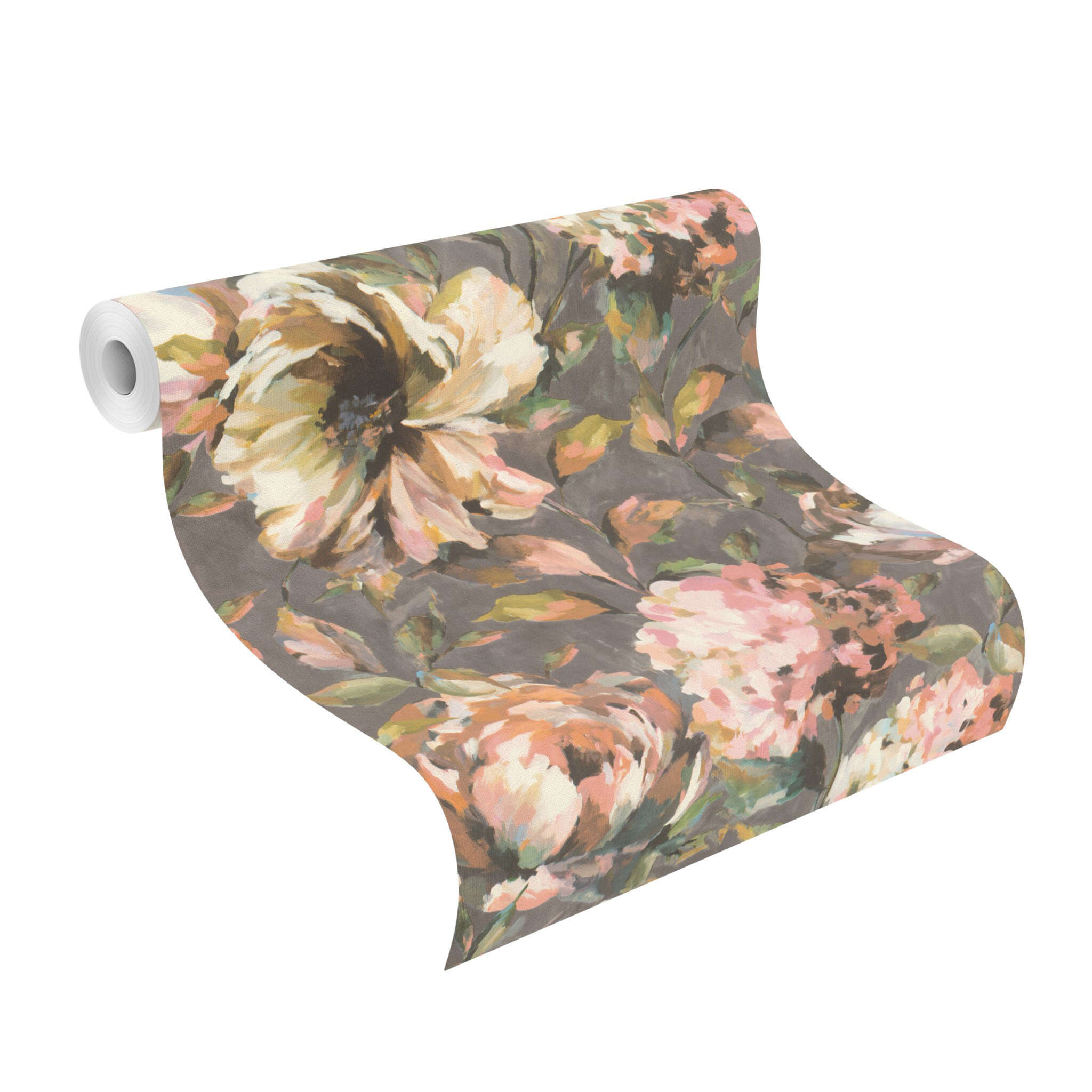 10-485172 Rolle abgerollt 1 Unrolled wallpaper roll with Wallpaper with peonies looks like an oil painting