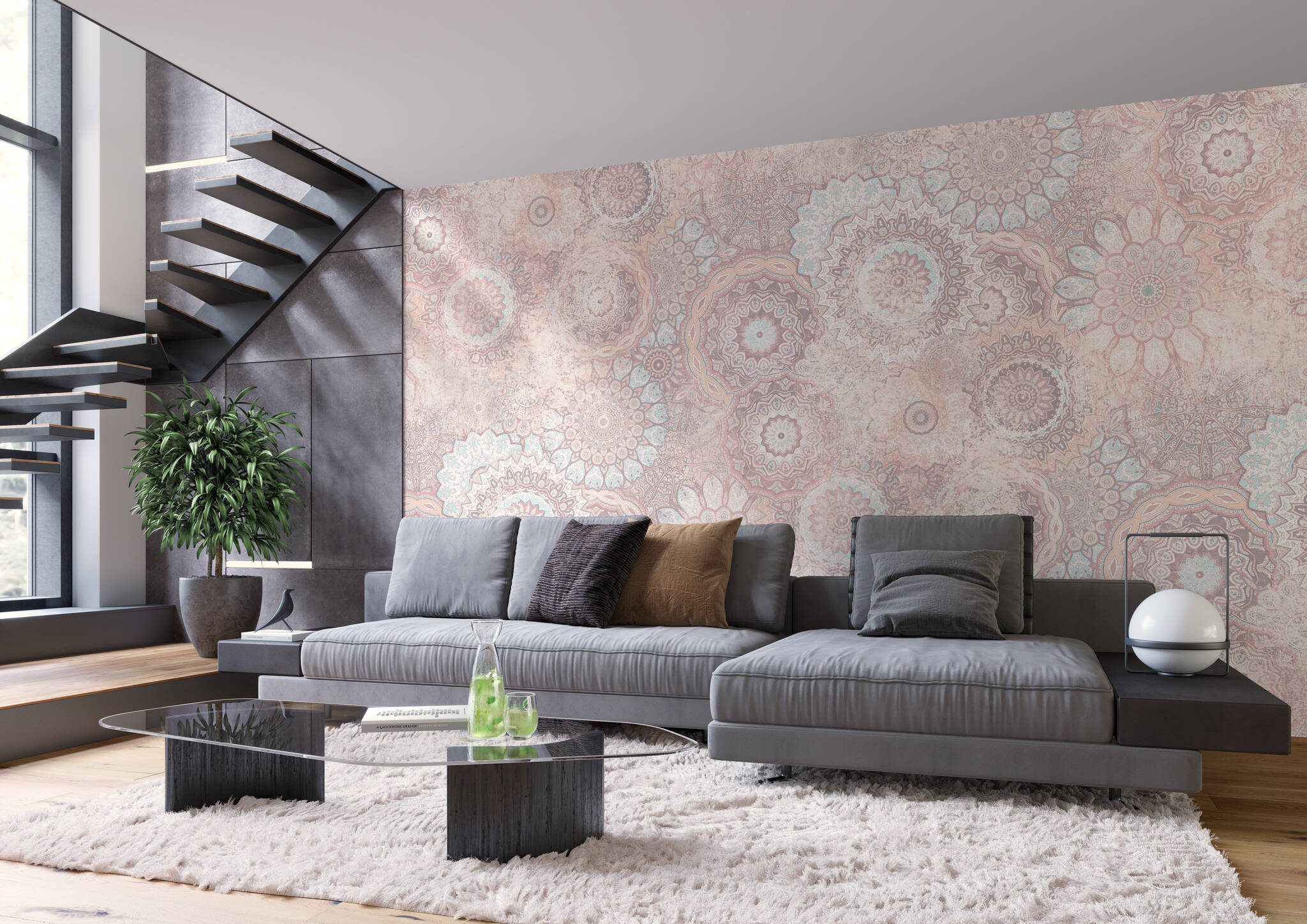 Wohnzimmer mit Wandbild - Prallvolle Mandala-Sammlung in Pastellblau, -creme und -rosa mit wash-out-Effekten