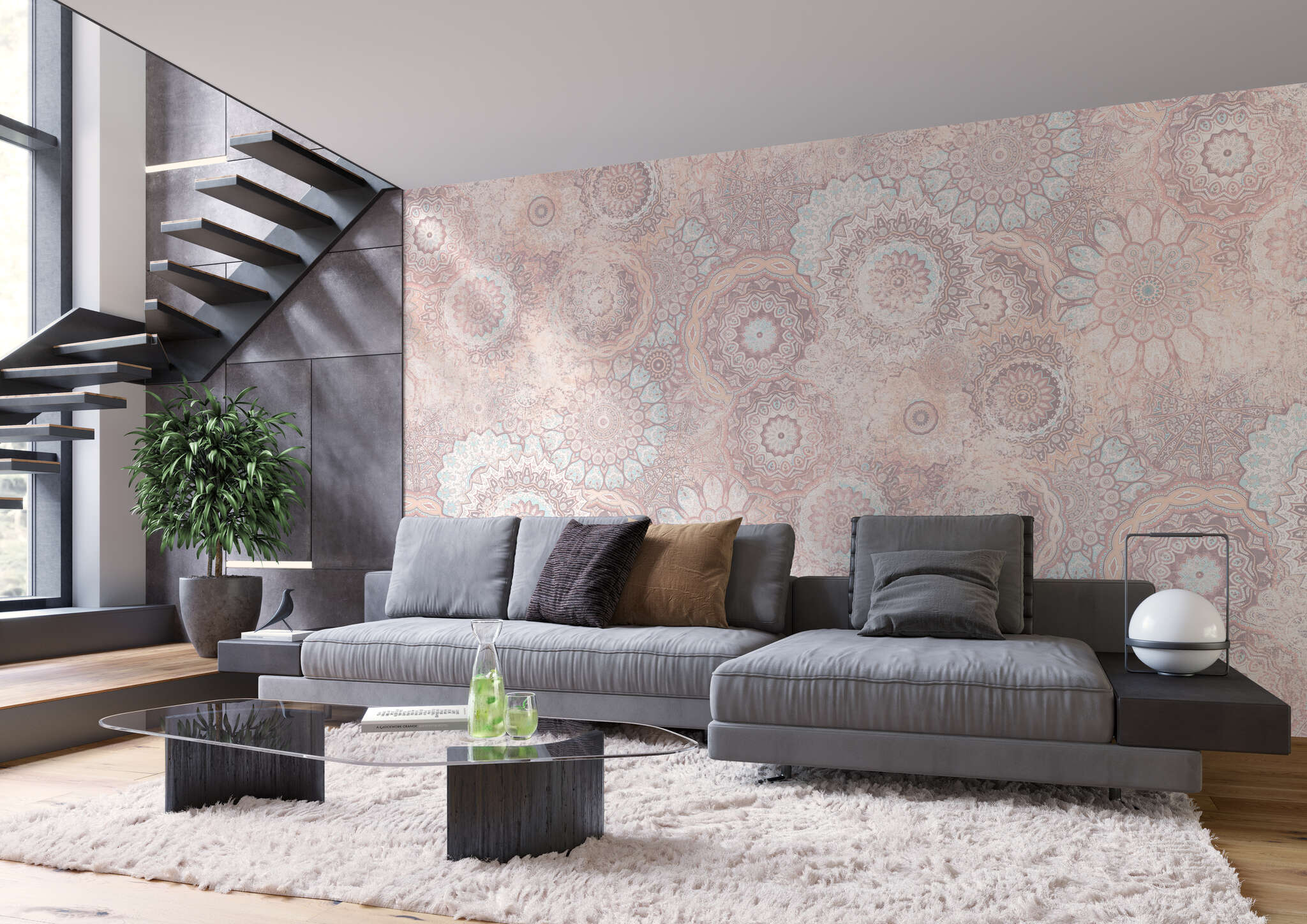 Wohnzimmer mit 362978 - Wandbild - Prallvolle Mandala-Sammlung in Pastellblau, -creme und -rosa magicwalls Mandala photo wallpaper in pink 362978