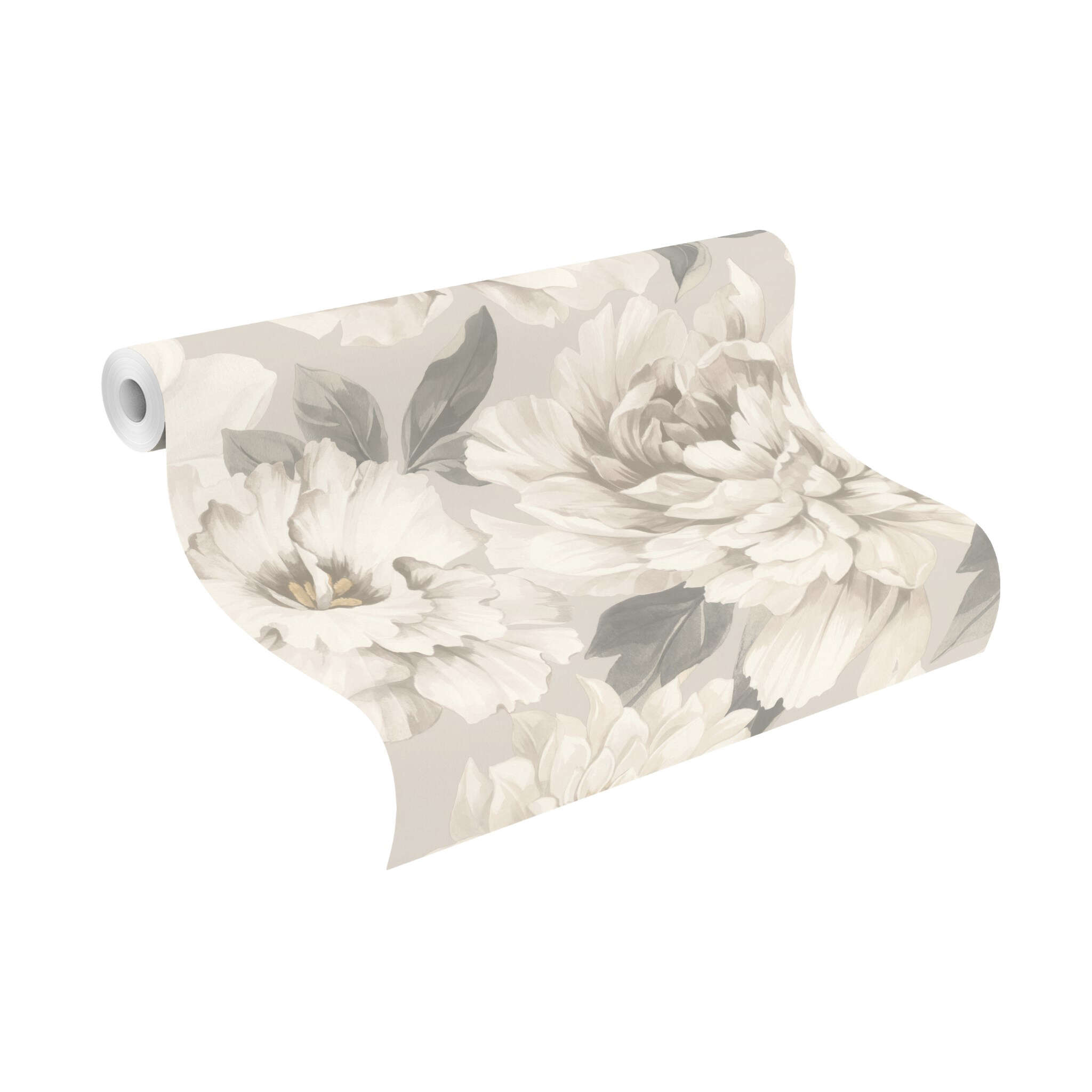 10-201352 Rolle abgerollt 1 Unrolled wallpaper roll with Elegant floral design with large peonies in neutral natural tones