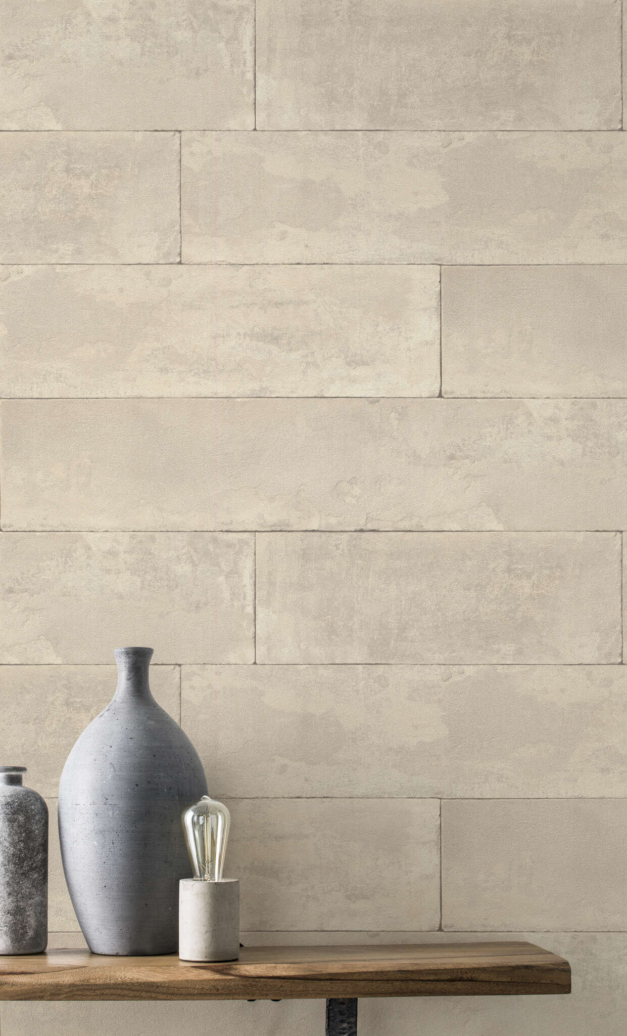10-426014 Raumsituationen 1 Room with Non-woven wallpaper with large-scale panel pattern in a beige concrete look.