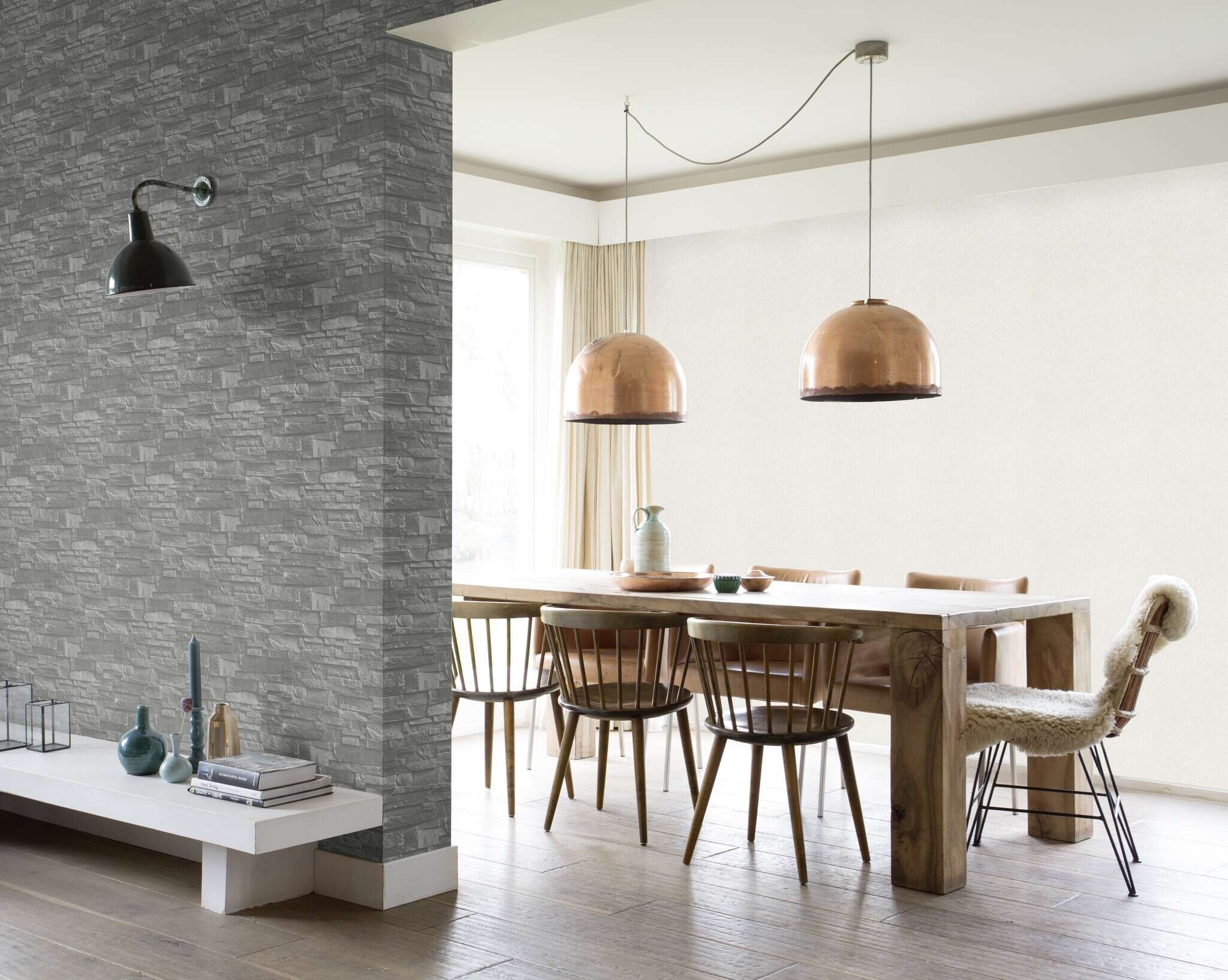 10-475029 Raumsituationen 2 Room with Realistic non-woven wallpaper in a slate stone look with a textured surface in shades of grey with a real 3D look