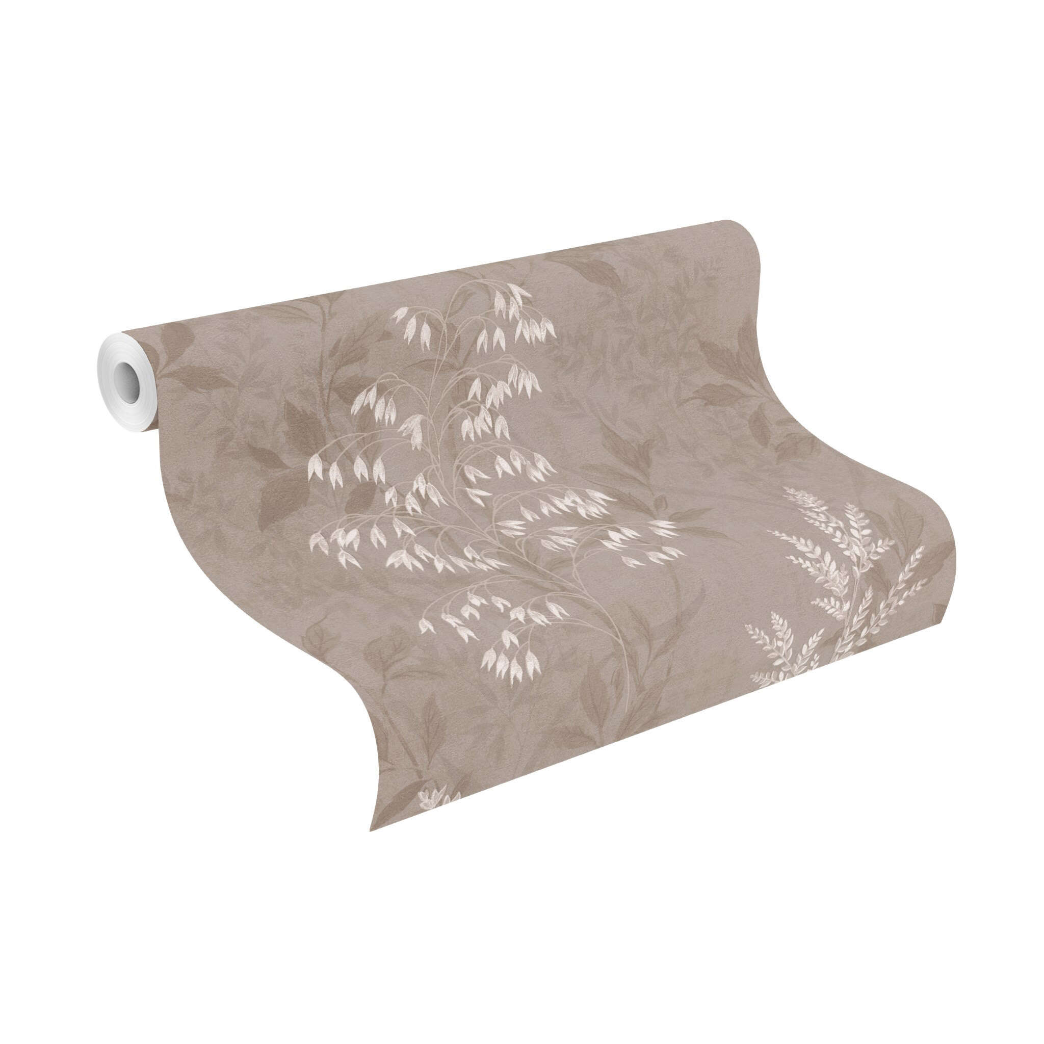 10-285017 Rolle abgerollt 1 Unrolled wallpaper roll with Classic wallpaper with shiny flowers and leaves on a medium brown background
