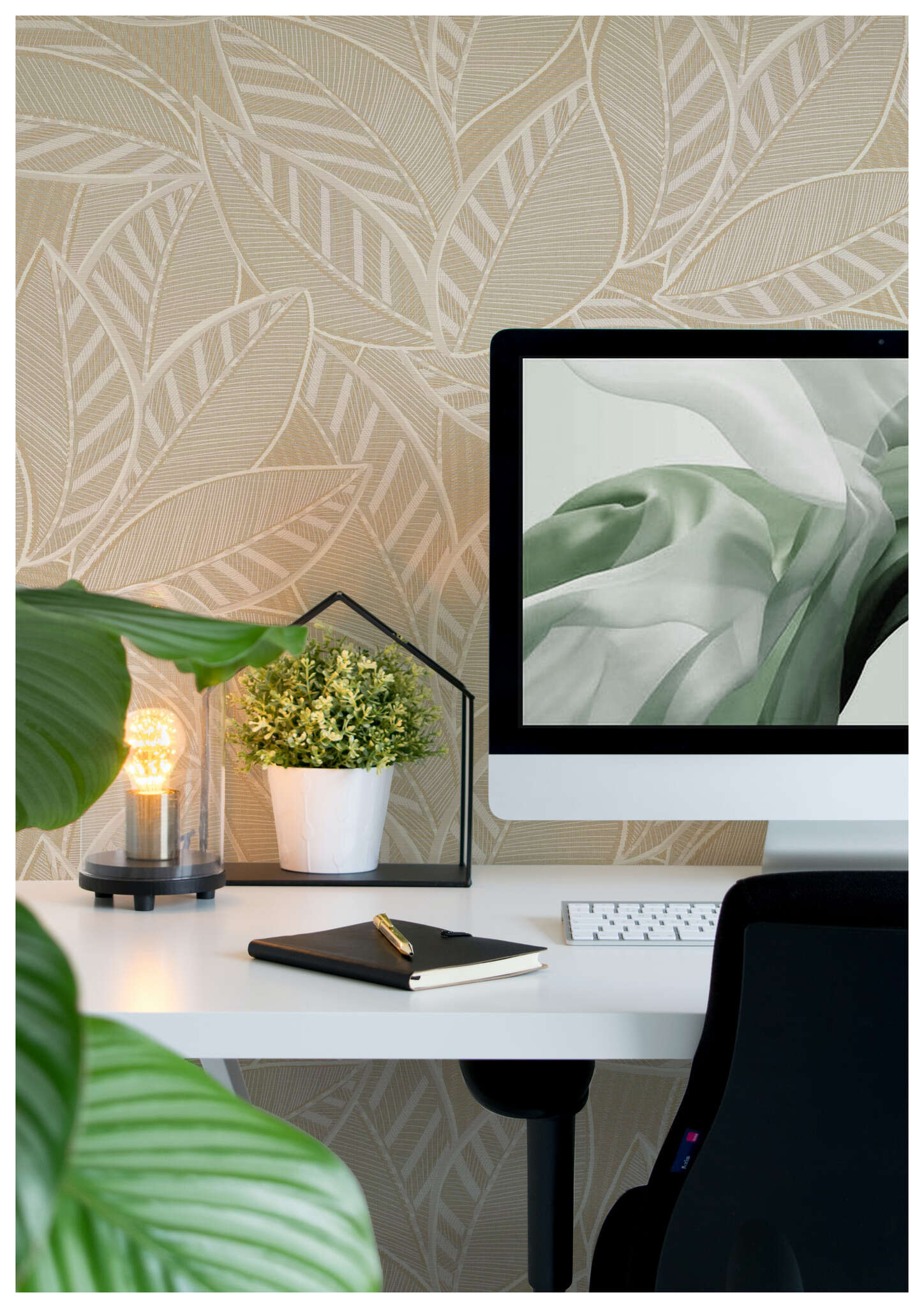 10-693409 Raumsituationen 2 Room with Large, overlapping leaves with fine textures and a woven look in white, grey and light brown