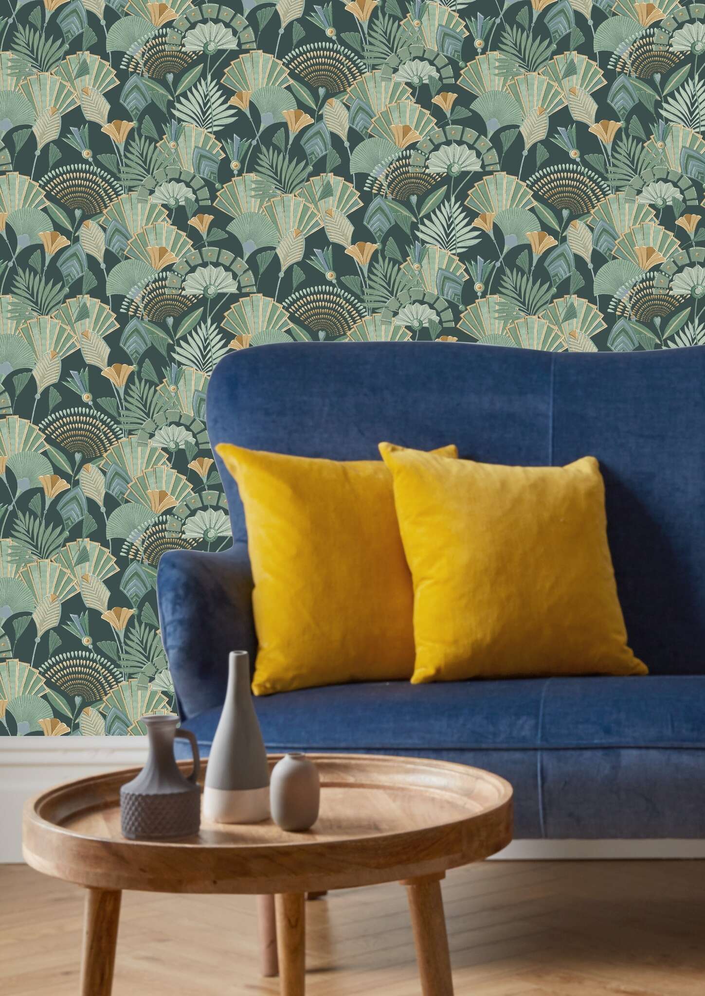 10-635690 Raumsituationen 5 Raum mit Tapete mit abstrakten Blättern und stilisierten Pflanzen im Art-Déco-Stil