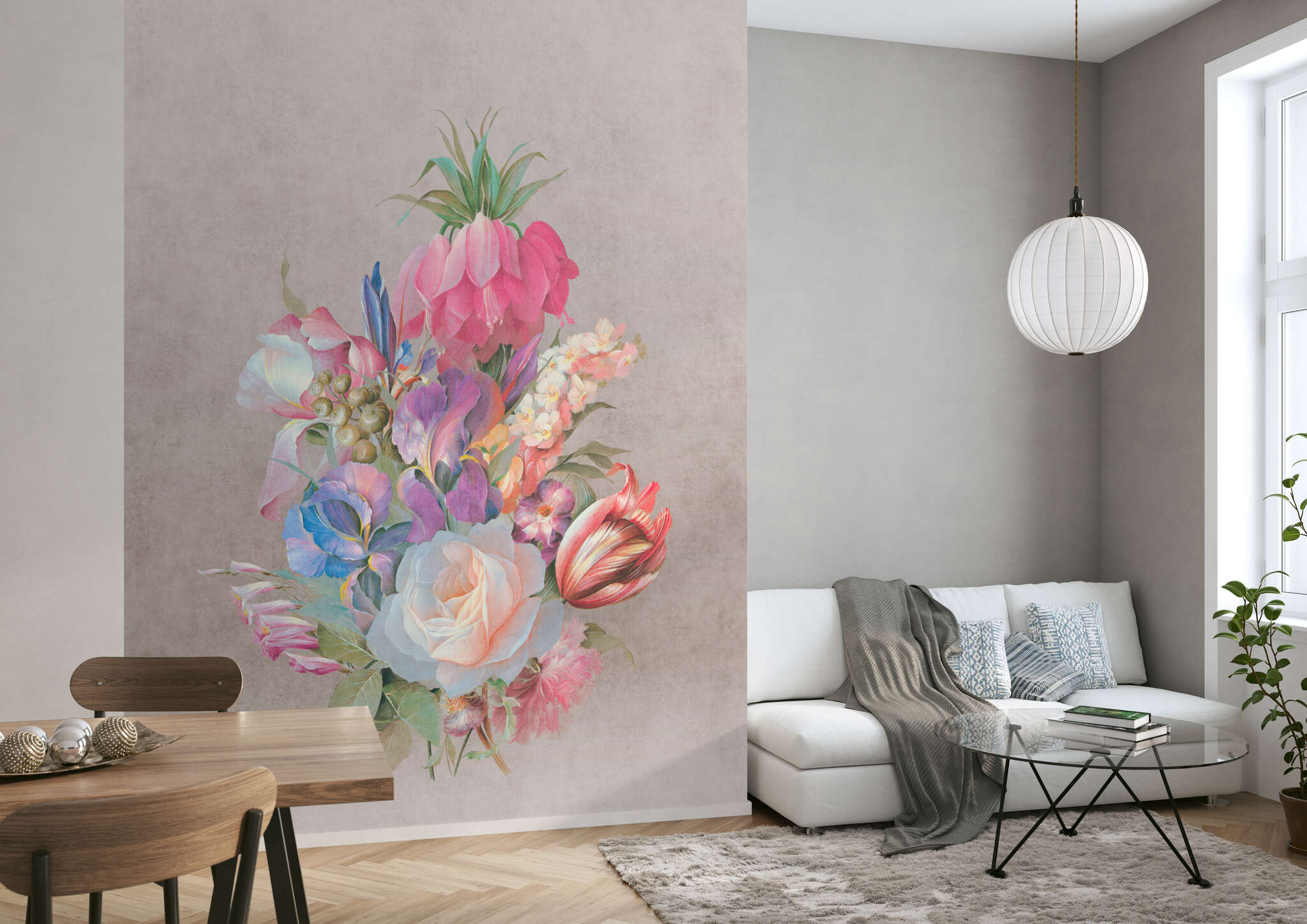 Esszimmer mit 361056 - Wandbild - Überdimensionales Blumenbouquet auf brau-beigem Grund magicwalls Papier peint 361056