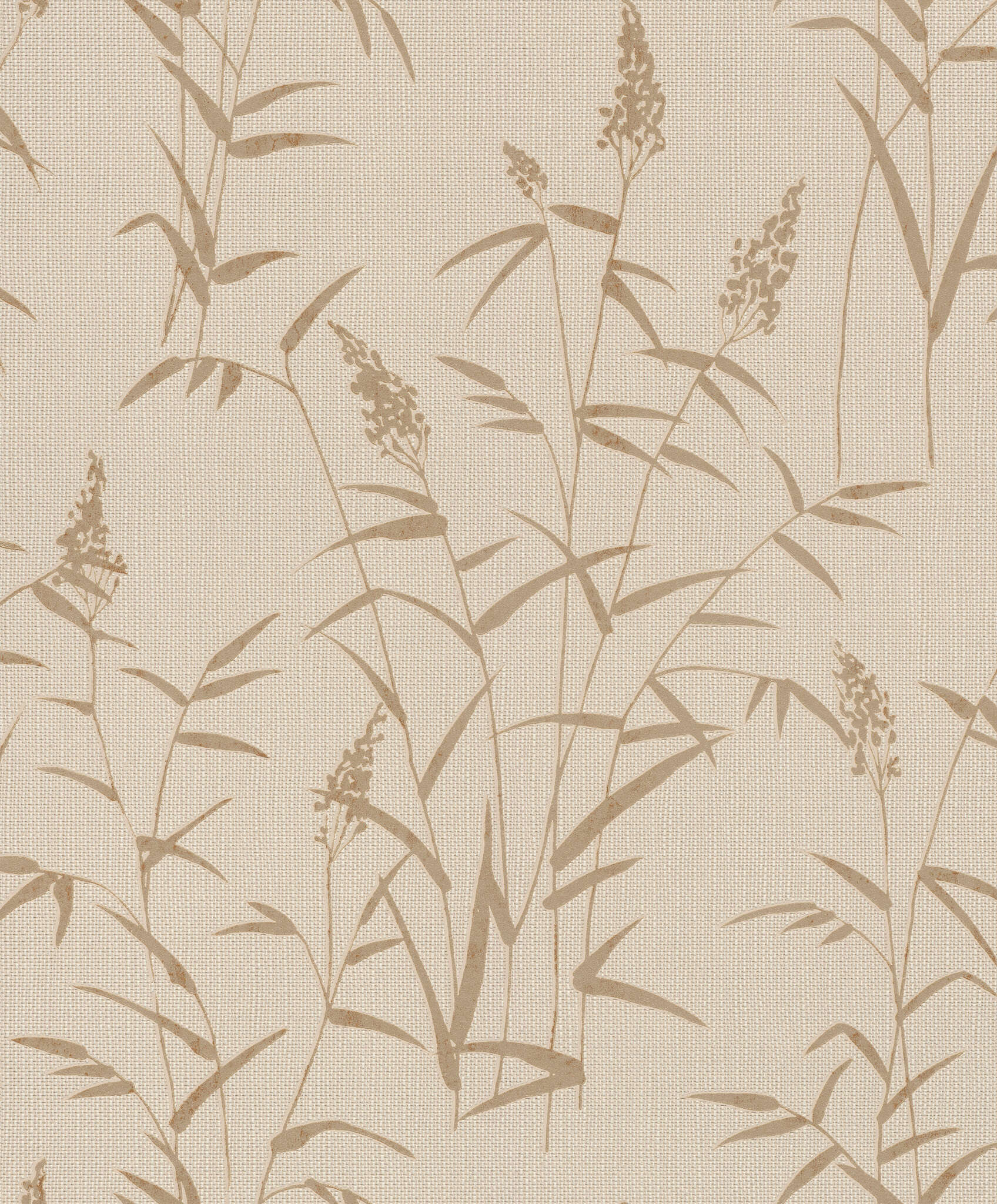 10-312928 Artikelscan 1 Beige Tapete mit dezent braunem Gräserdruck in natürlicher, ruhiger Optik.