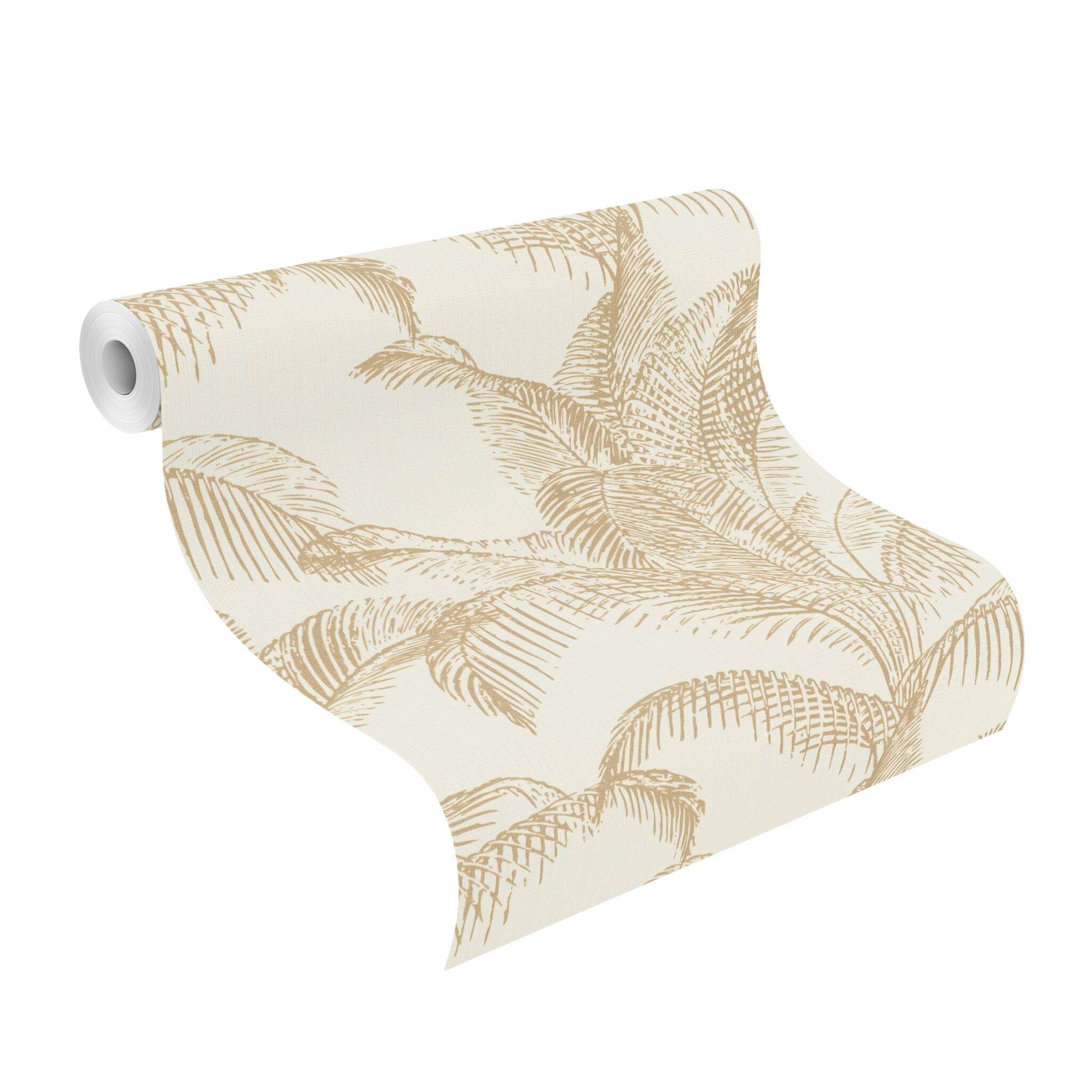 10-406818 Rolle abgerollt 1 Unrolled wallpaper roll with Tropical-inspired wallpaper with delicate golden palm trees on a cream background for a natural ambience