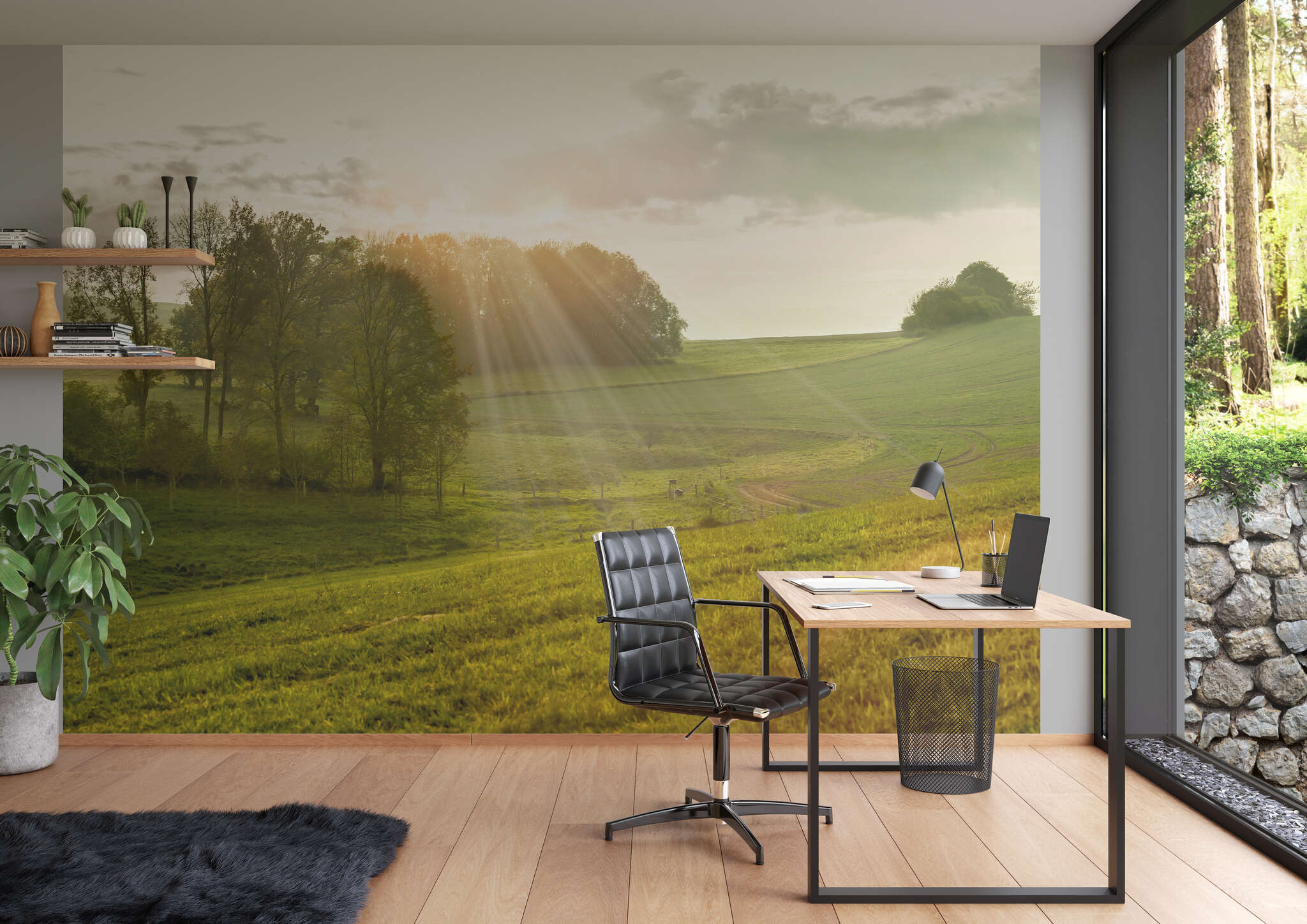 Arbeitszimmer mit 363432 - Fototapete - Einzelne Sonnenstrahlen veredeln diese sattgrüne Wiesenlandschaft magicwalls photo wallpaper 363432