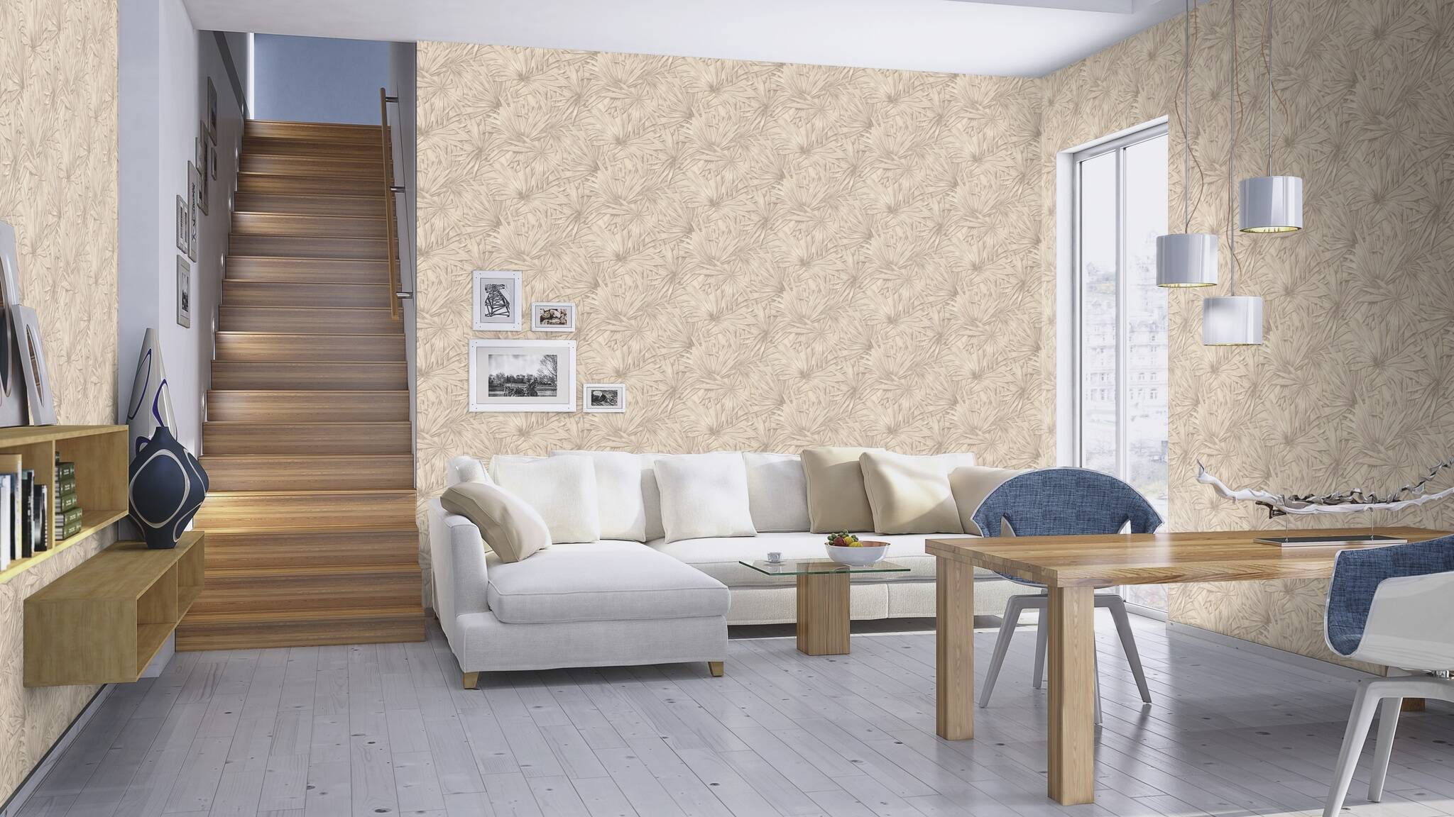 10-542554 Raumsituationen 3 Room with Champagne-coloured palm fronds on a light, shimmering plaster-look background in beige