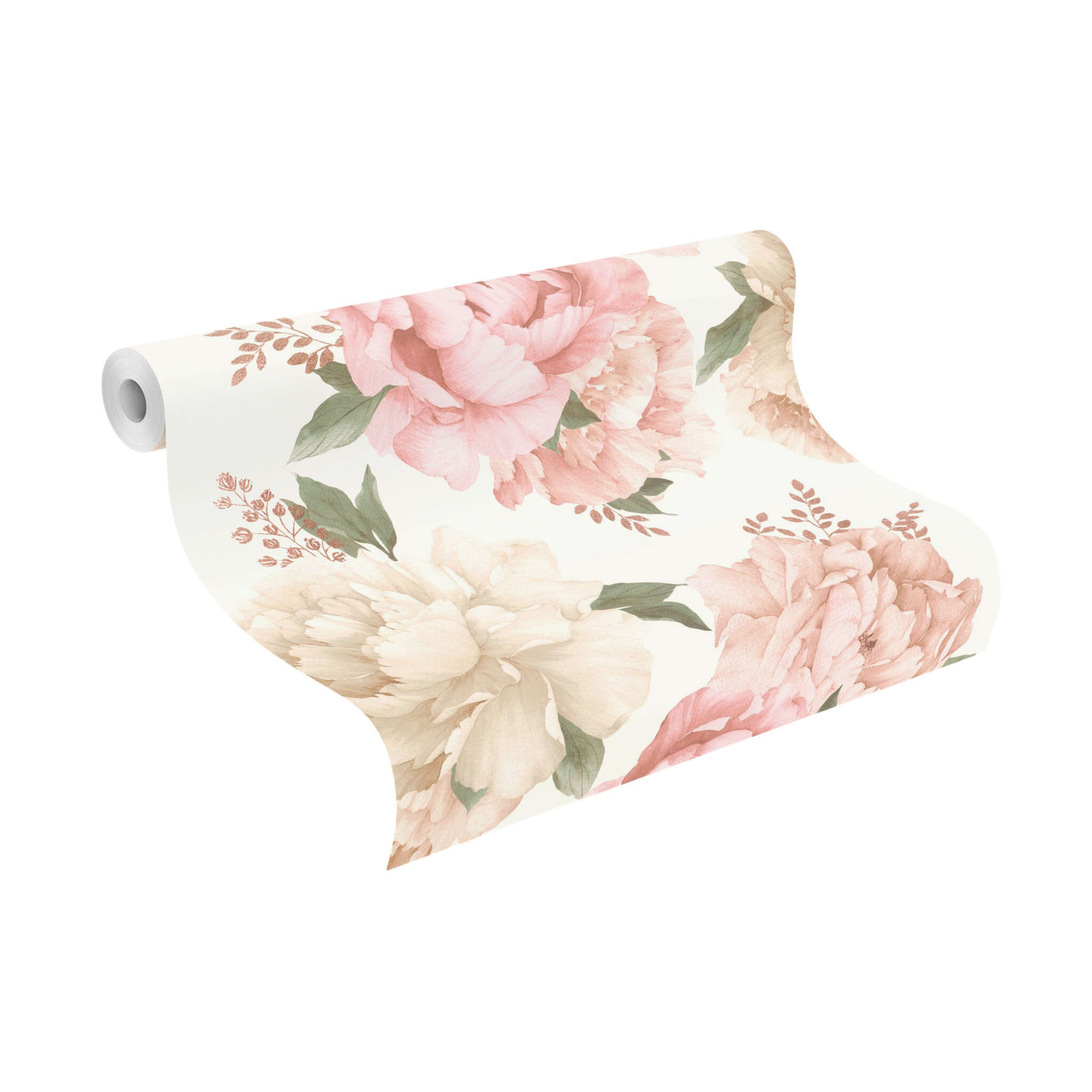 10-278705 Rolle abgerollt 1 Unrolled wallpaper roll with Romantic floral wallpaper with detailed peonies in delicate pastel shades