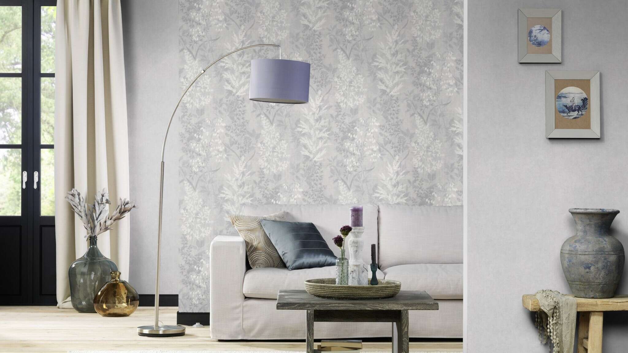 10-285024 Raumsituationen 2 Room with Wallpaper with an elegant glossy pattern of leaves and flowers on a grey background