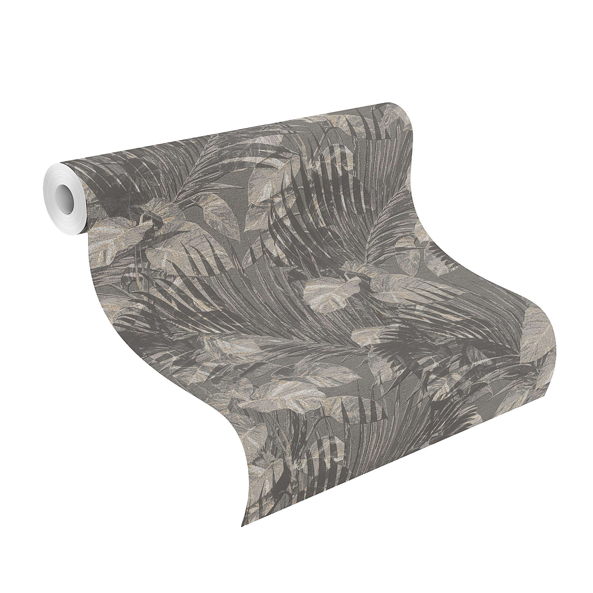 10-600155 Rolle abgerollt 1 Unrolled wallpaper roll with Tropical wallpaper with palm leaves and monstera