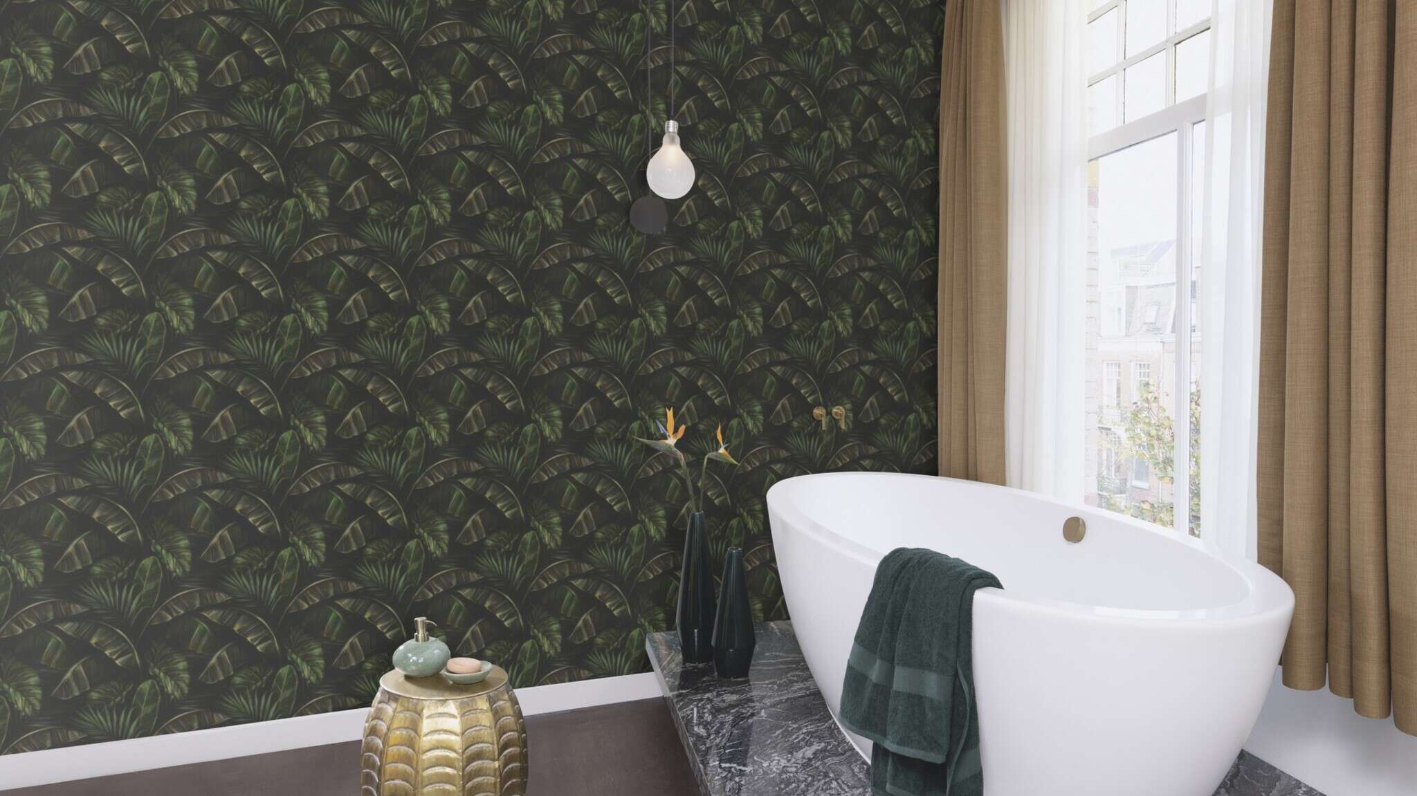 10-286588 Raumsituationen 3 Room with Expressive wallpaper with large green banana leaves on a dark background in a jungle style