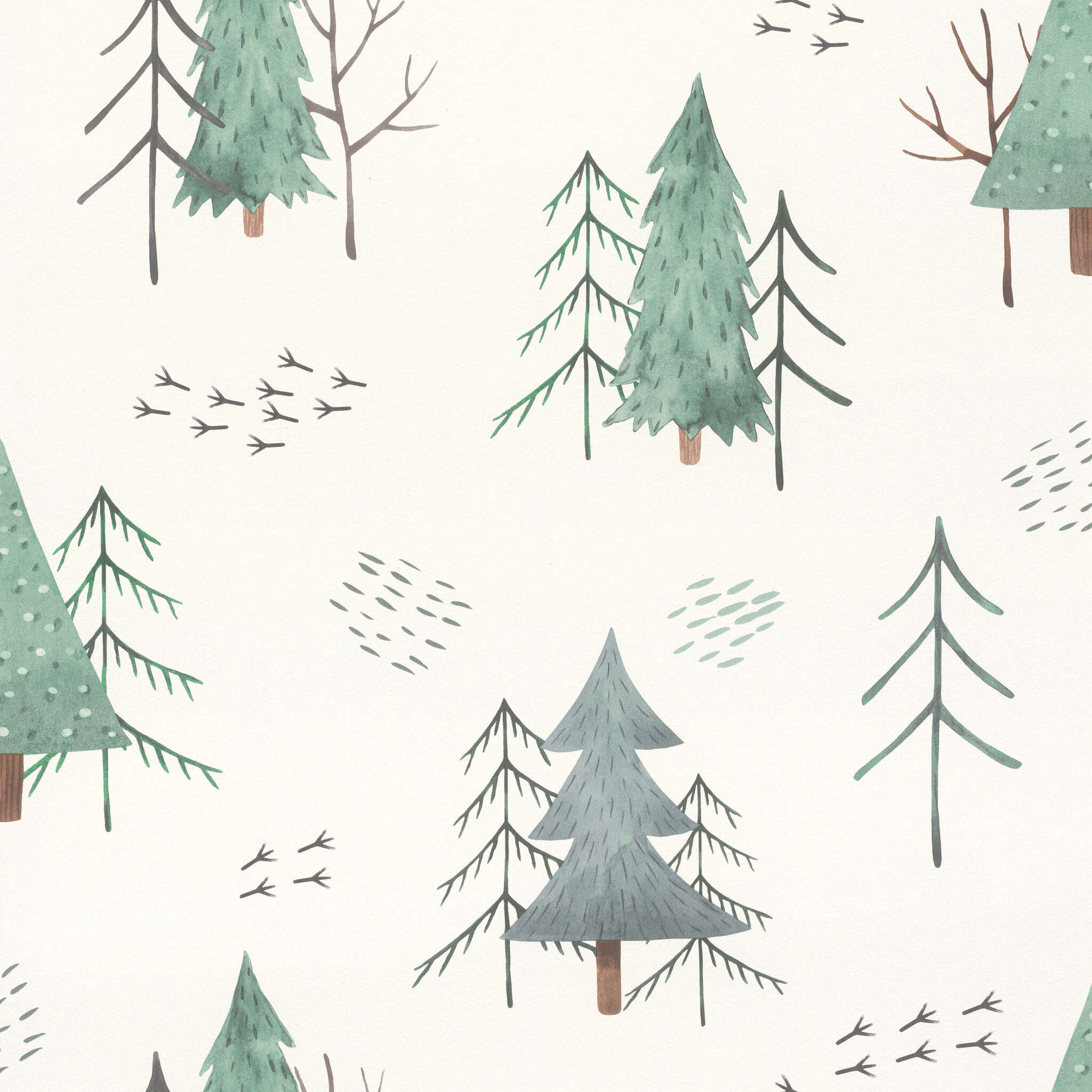 10-300734 Artikelscan 1 Playful children's wallpaper with hand-drawn fir trees and groups of birds in shades of green on a light background