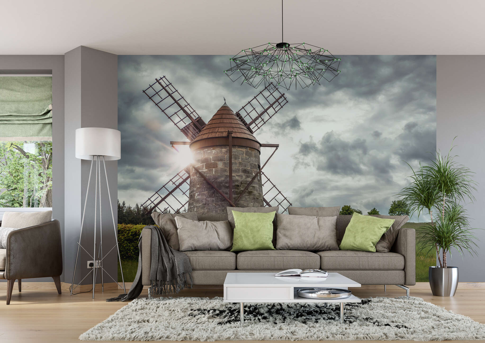 Wohnzimmer mit 363463 - Fototapete - Kleine Backstein-Windmühle vor grauen Wolken magicwalls photo wallpaper with windmill 363463