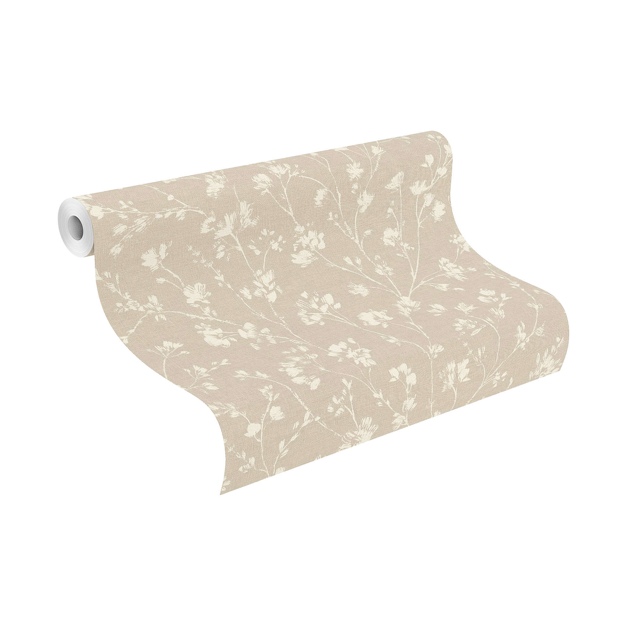 10-463811 Rolle abgerollt 1 Unrolled wallpaper roll with Light, delicate flowers on a beige background – a soft, calm design for natural interior design.