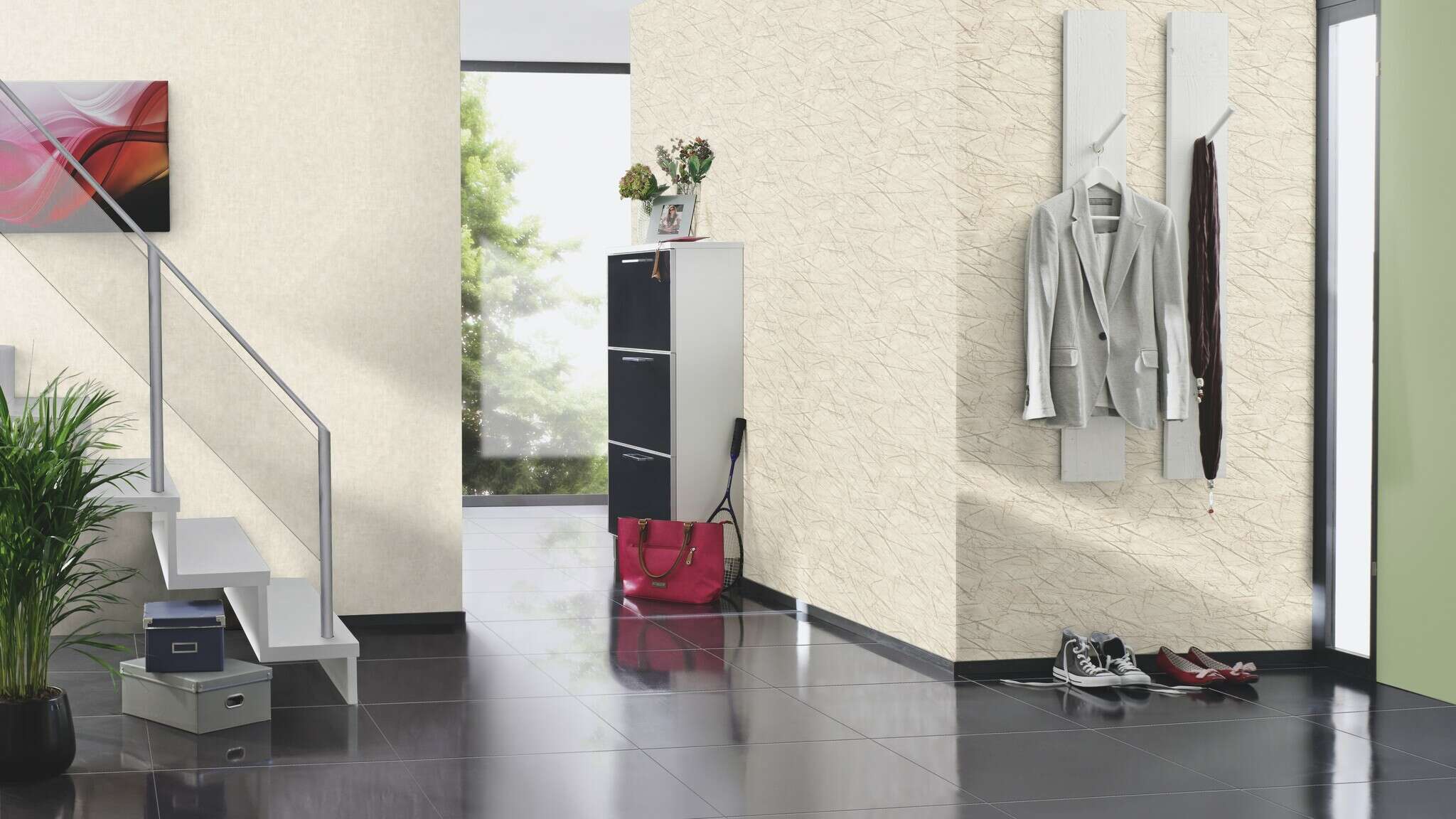 10-429213 Raumsituationen 2 Room with Non-woven wallpaper with a fine, irregular texture in an ivory tone.