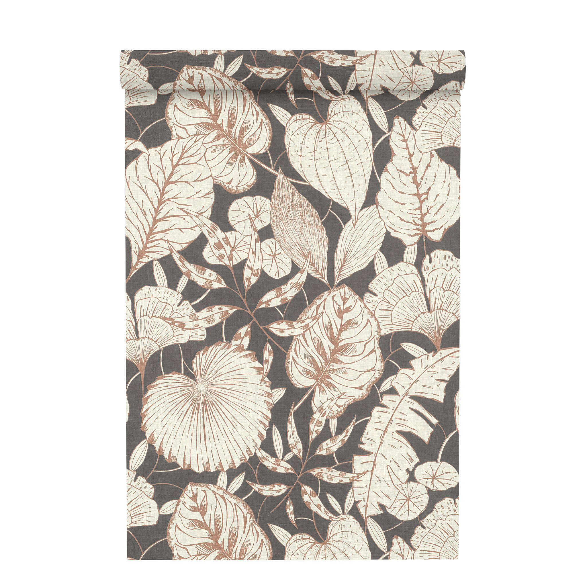 10-699302 Rolle abgerollt 1 Leaves non-woven wallpaper in black-black-brown Selection vinyl/non-woven 699302