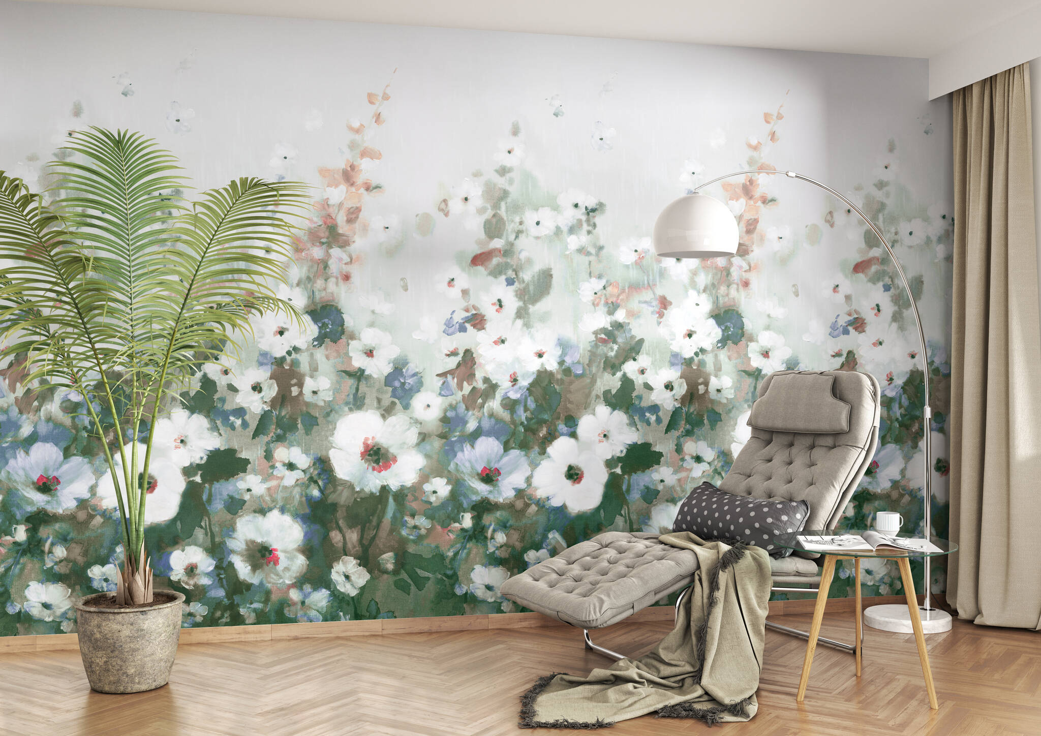 Wohnzimmer mit Wandbild - Sommerblumenwiese in zartem Grün und blauen Highlights