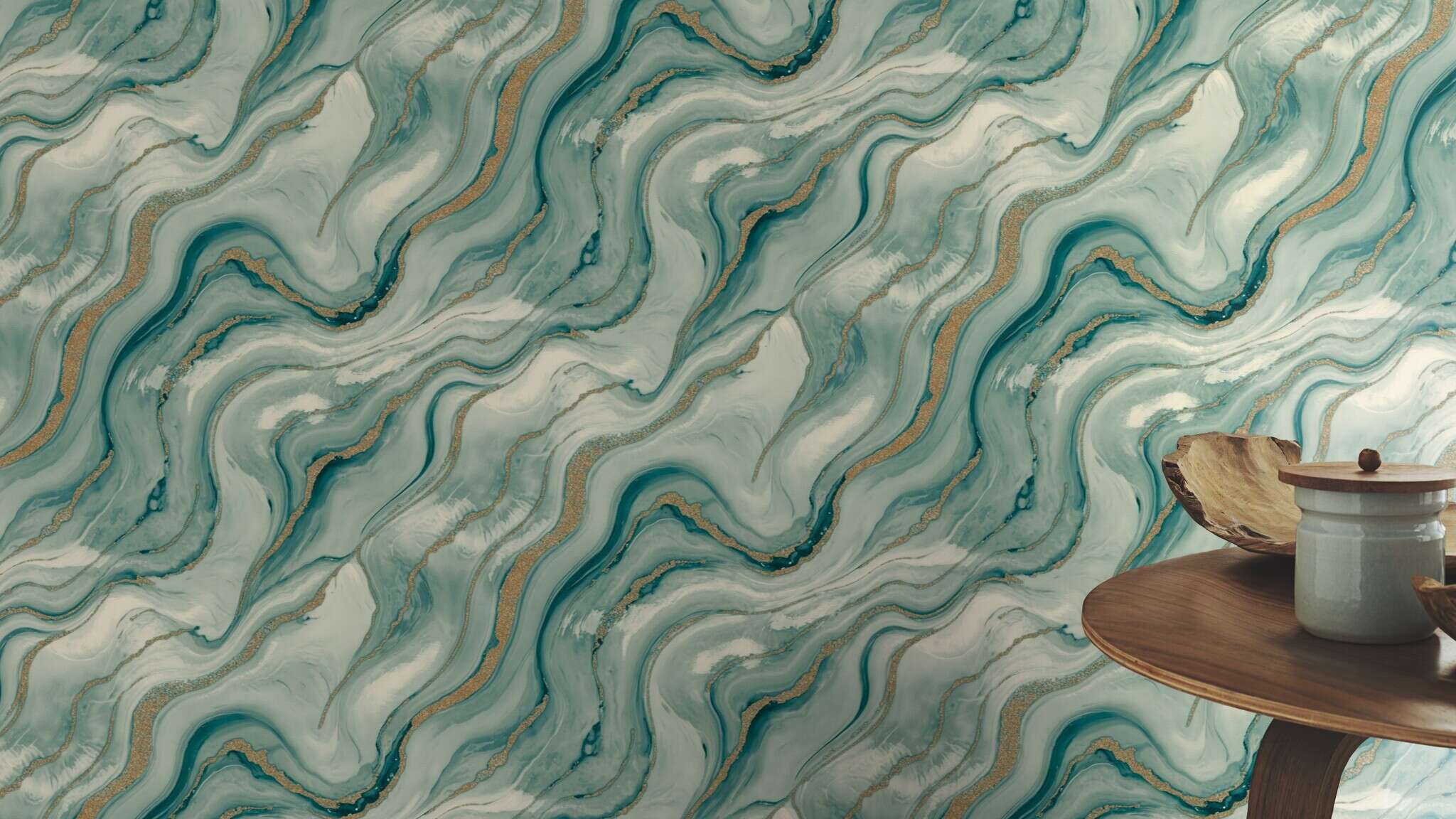 10-497632 Raumsituationen 1 Marble-effect wallpaper in green - Factory VI Marmorea 497632