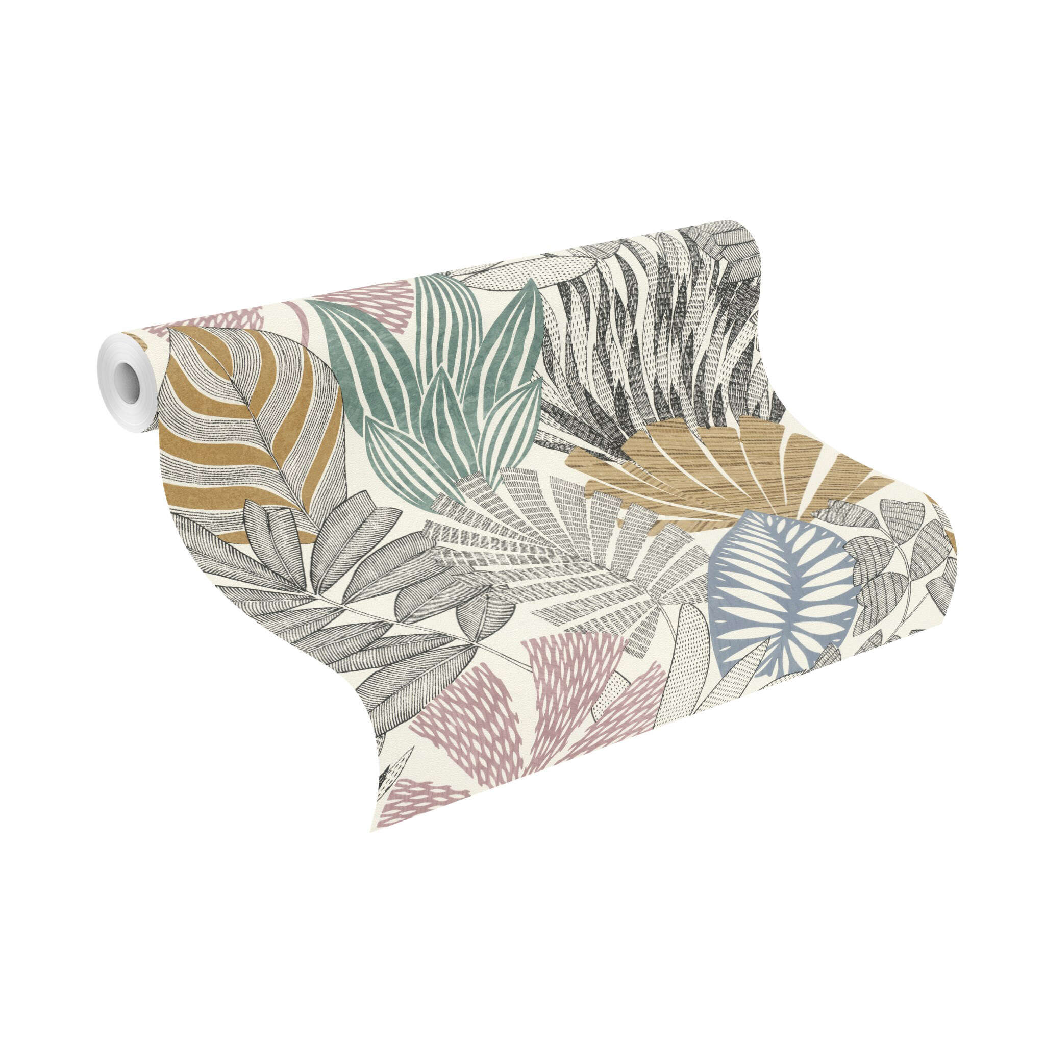 10-868258 Rolle abgerollt 1 Unrolled wallpaper roll with Imaginatively arranged leaves in various styles in Rolsa, green and blue