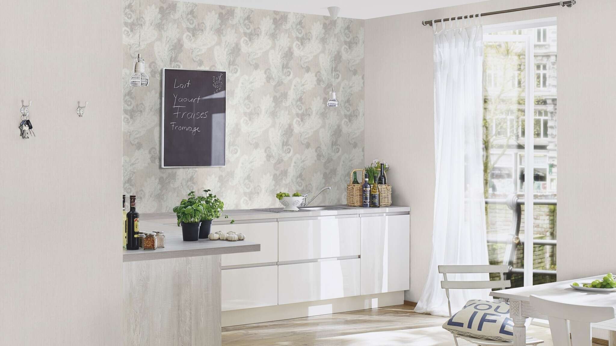 10-746051 Raumsituationen 5 Room with Single-colour wallpaper with a textile texture