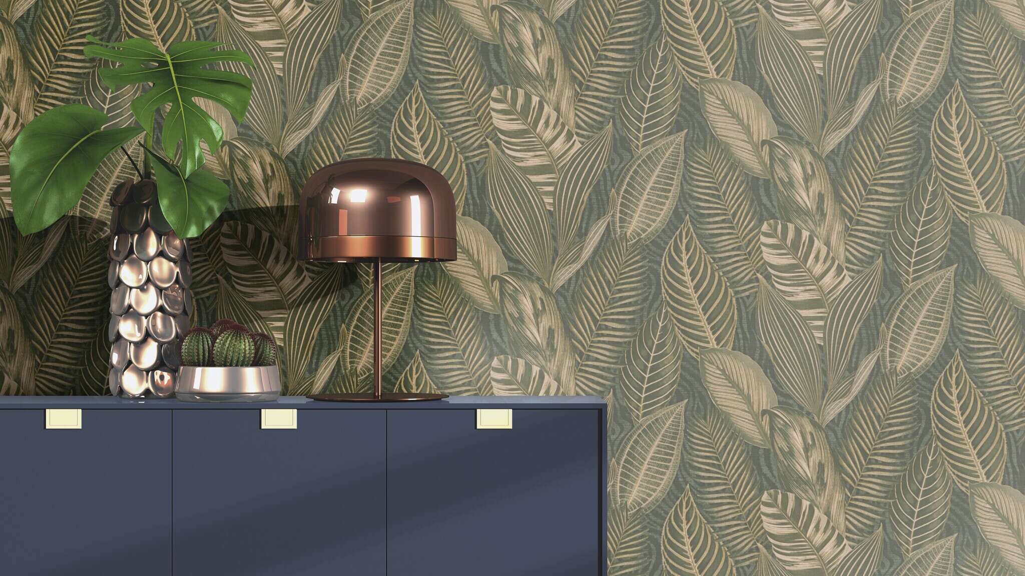 10-751826 Raumsituationen 3 Une chambre avec Une grande variété de feuilles surdimensionnées dans des tons vert foncé avec des reflets dorés brillants