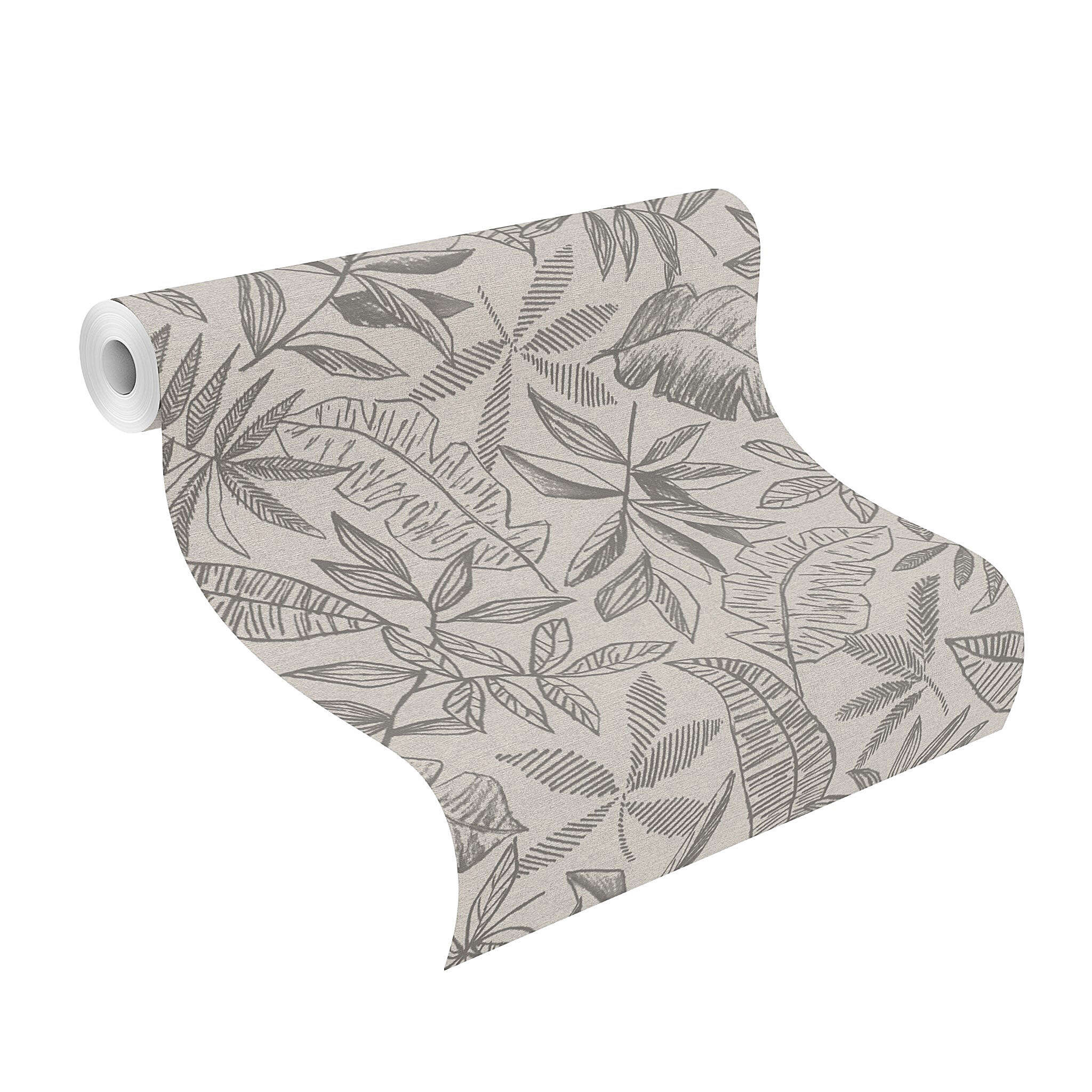 10-600575 Rolle abgerollt 1 Unrolled wallpaper roll with Wallpaper with large, sketched leaves in comic style