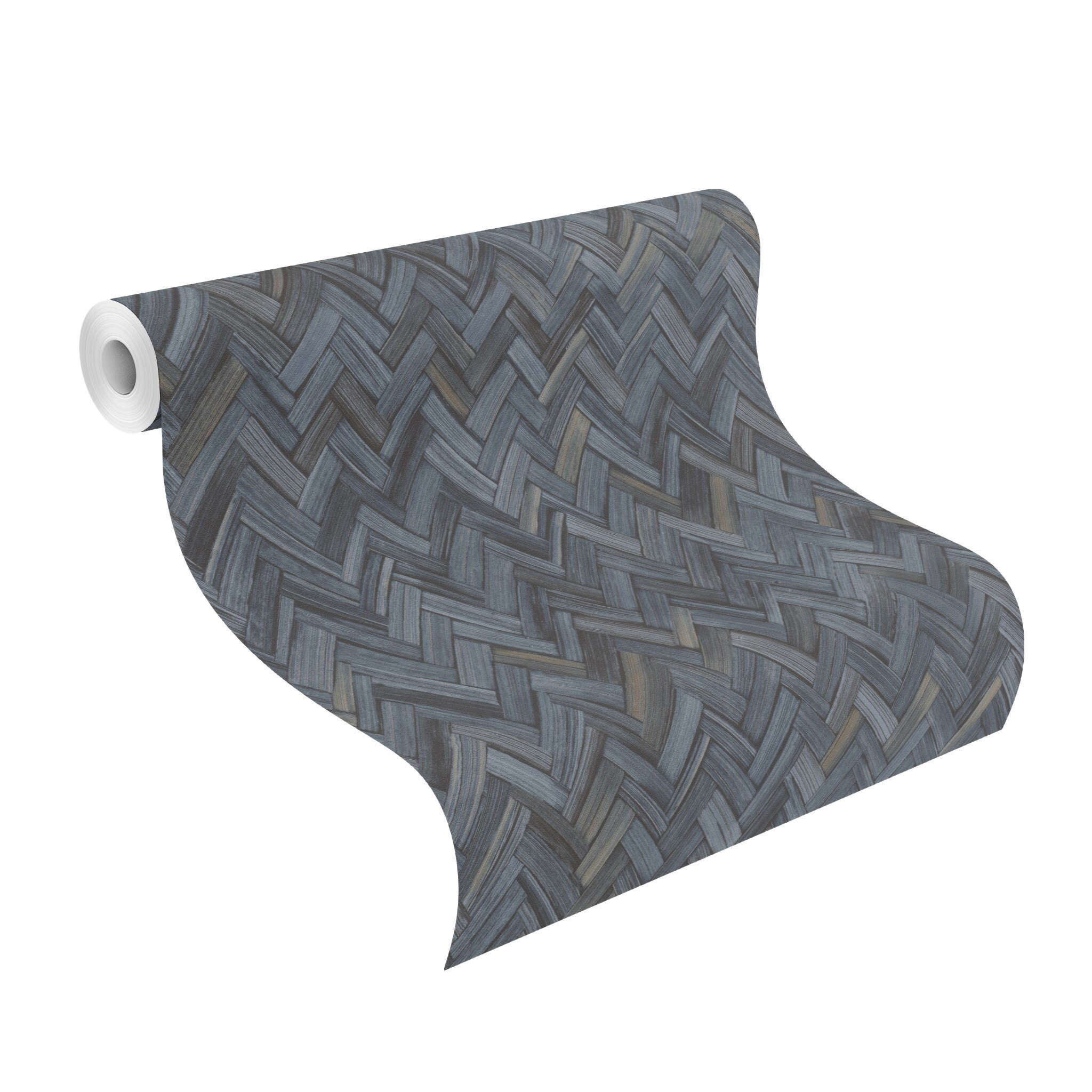 10-410389 Rolle abgerollt 1 Unrolled wallpaper roll with Non-woven wallpaper with a bamboo texture in rich dark blue – decorative and expressive in a herringbone design.