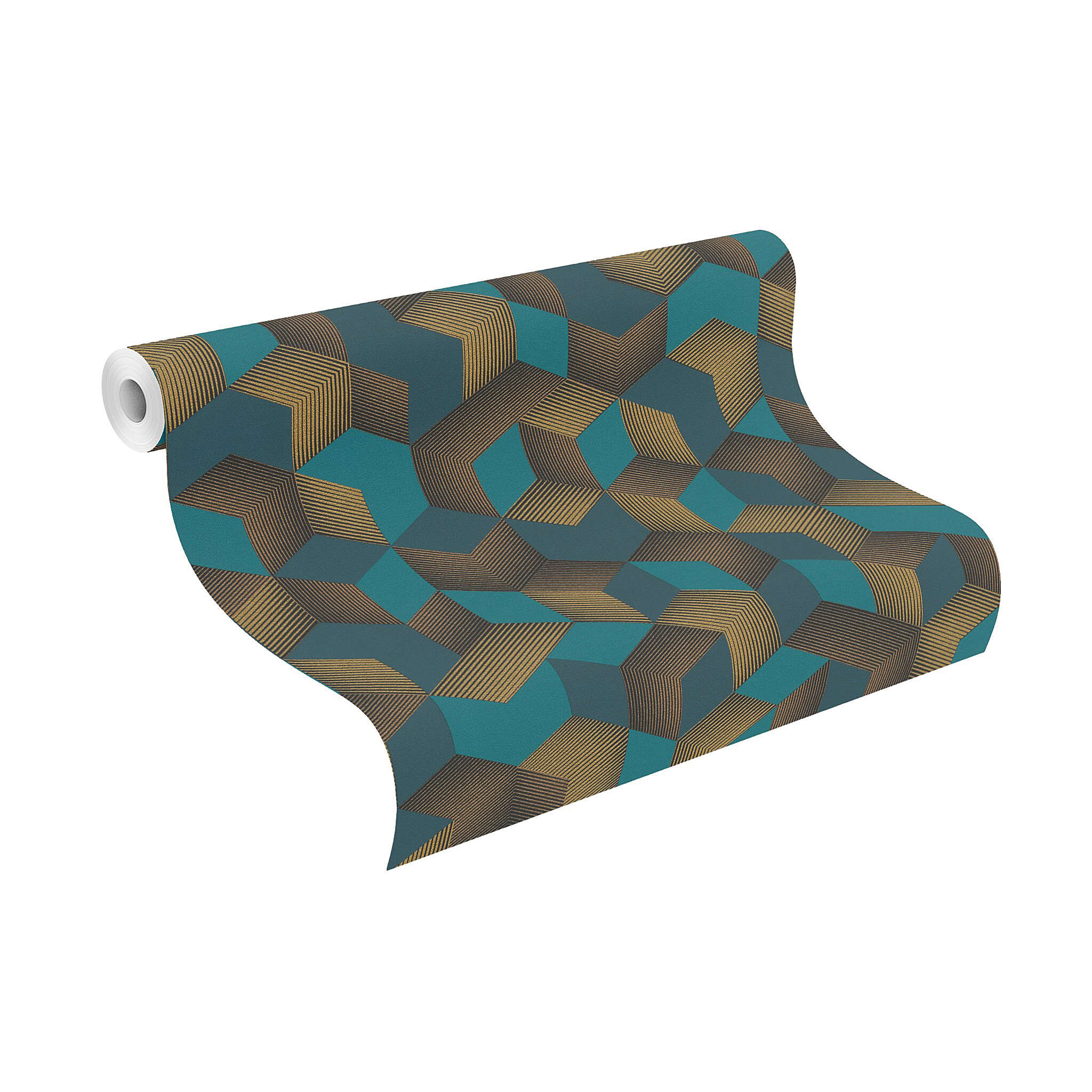 10-403909 Rolle abgerollt 1 Unrolled wallpaper roll with Eye-catching geometric wallpaper with 3D cubes in blue and gold for impressive accent walls