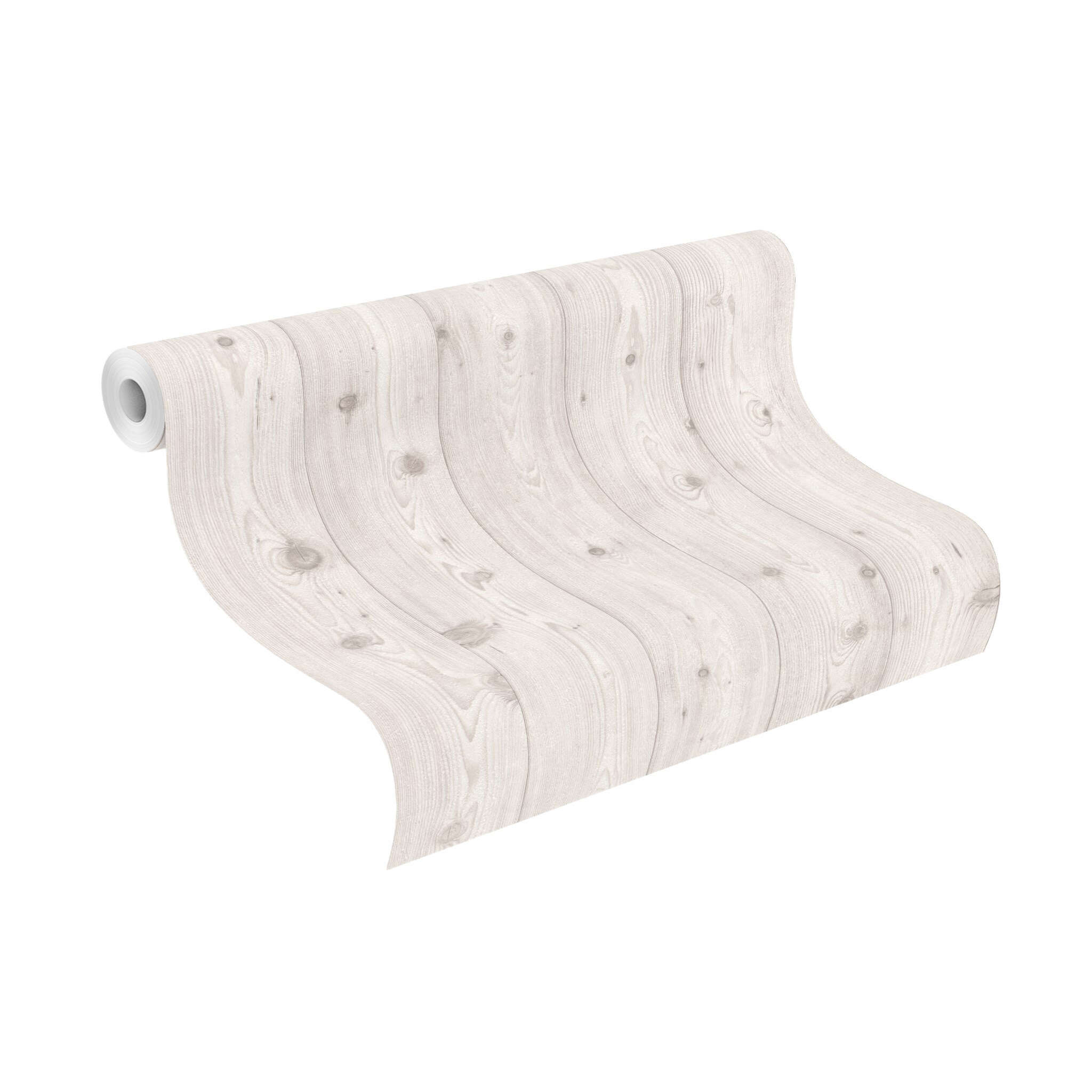 10-285208 Rolle abgerollt 1 Unrolled wallpaper roll with Scandinavian-style wallpaper with vertical wood texture in white and grey