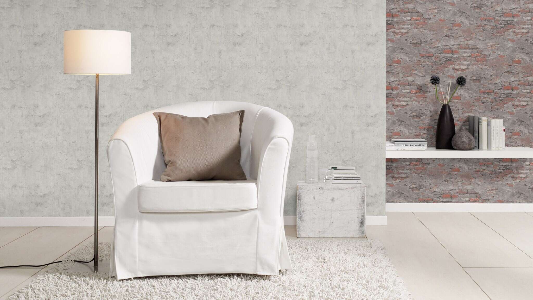 Raum mit Urban gestaltete Tapete in heller Betonoptik für ein modernes, industriell anmutendes Raumkonzept