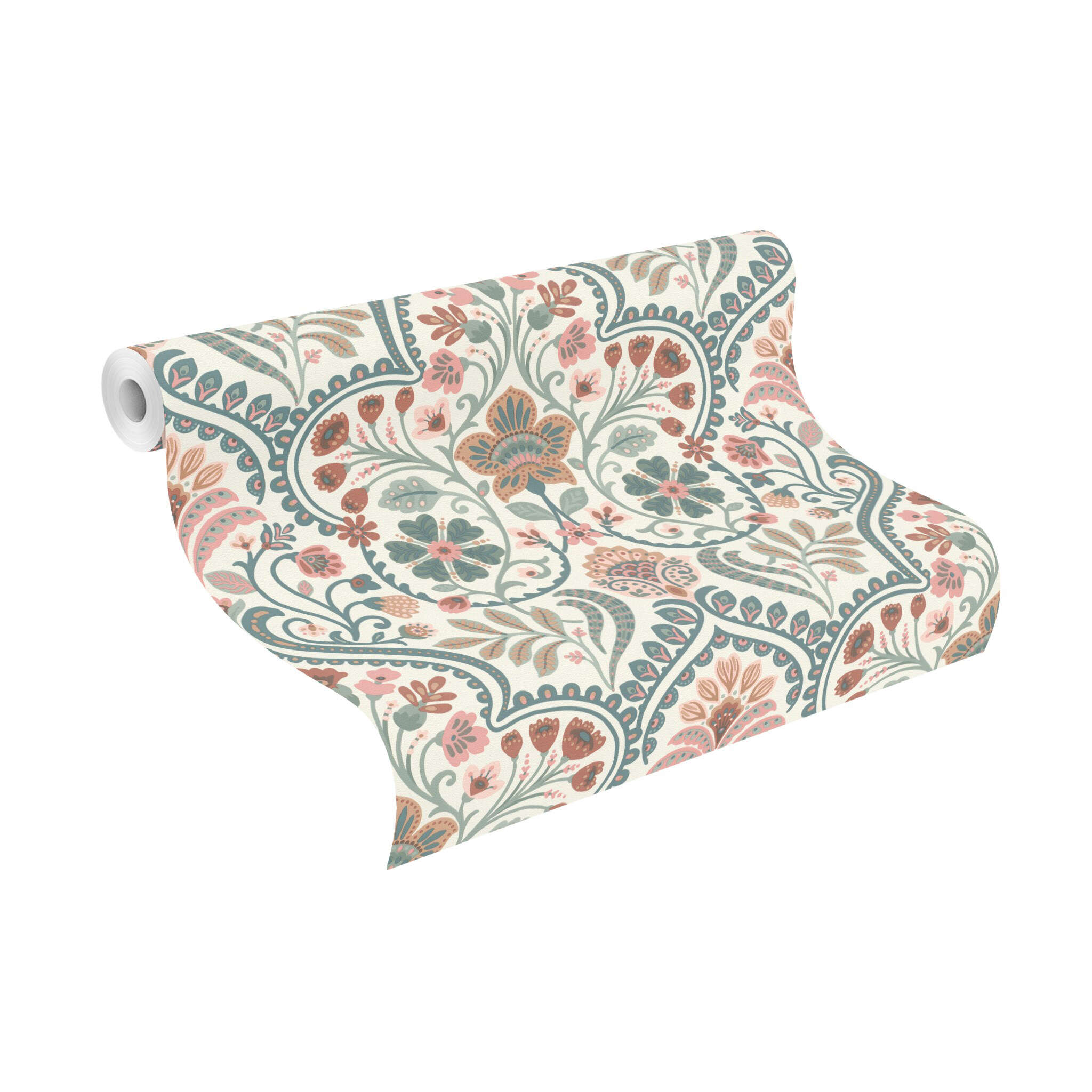 10-693102 Rolle abgerollt 2 Unrolled wallpaper roll with Floral wallpaper with flower tendrils