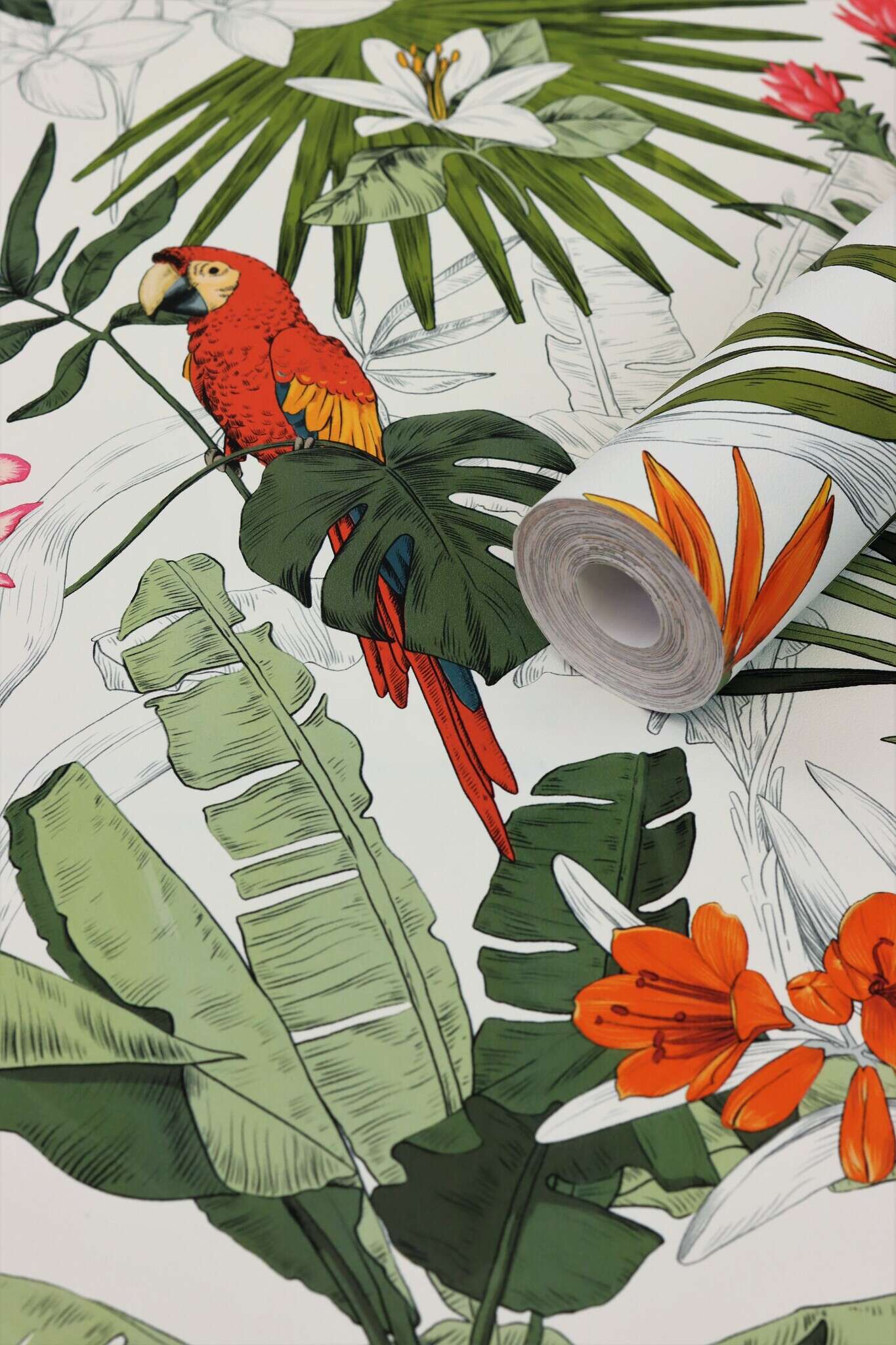 10-689907 Detailaufnahmen 2 Detailed image of Wallpaper with tropical plants and parrots