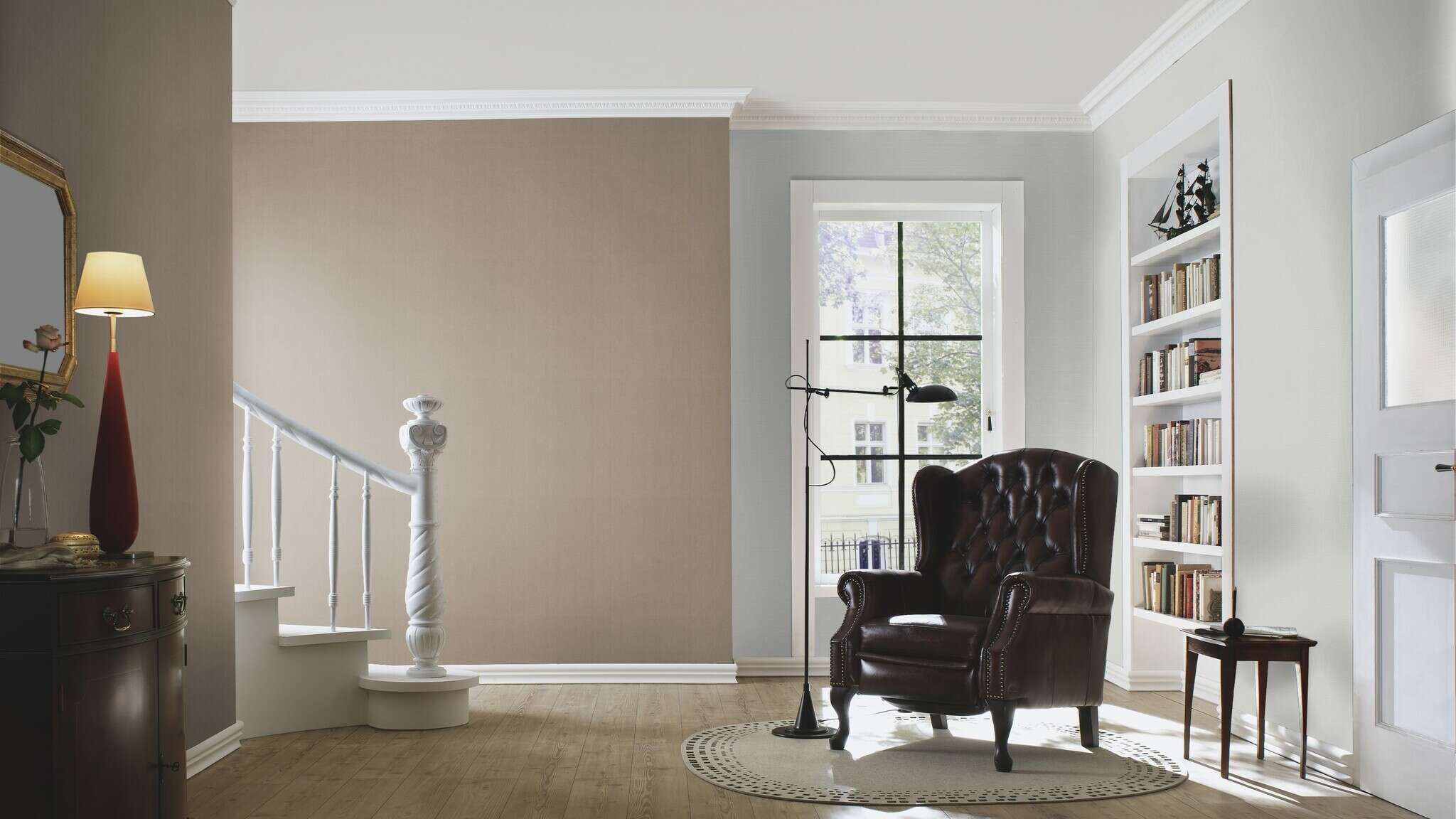 10-732344 Raumsituationen 5 Room with Plain wallpaper: linen look in light grey