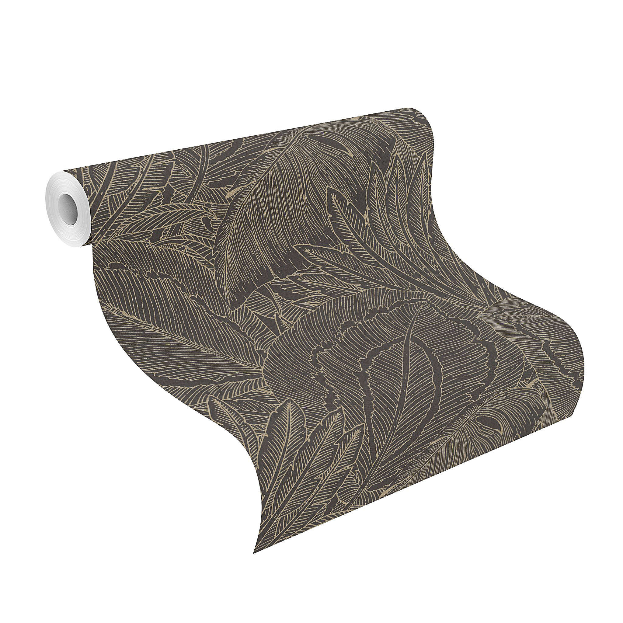 10-580839 Rolle abgerollt 1 Unrolled wallpaper roll with Wallpaper with sketched leaves and large plants