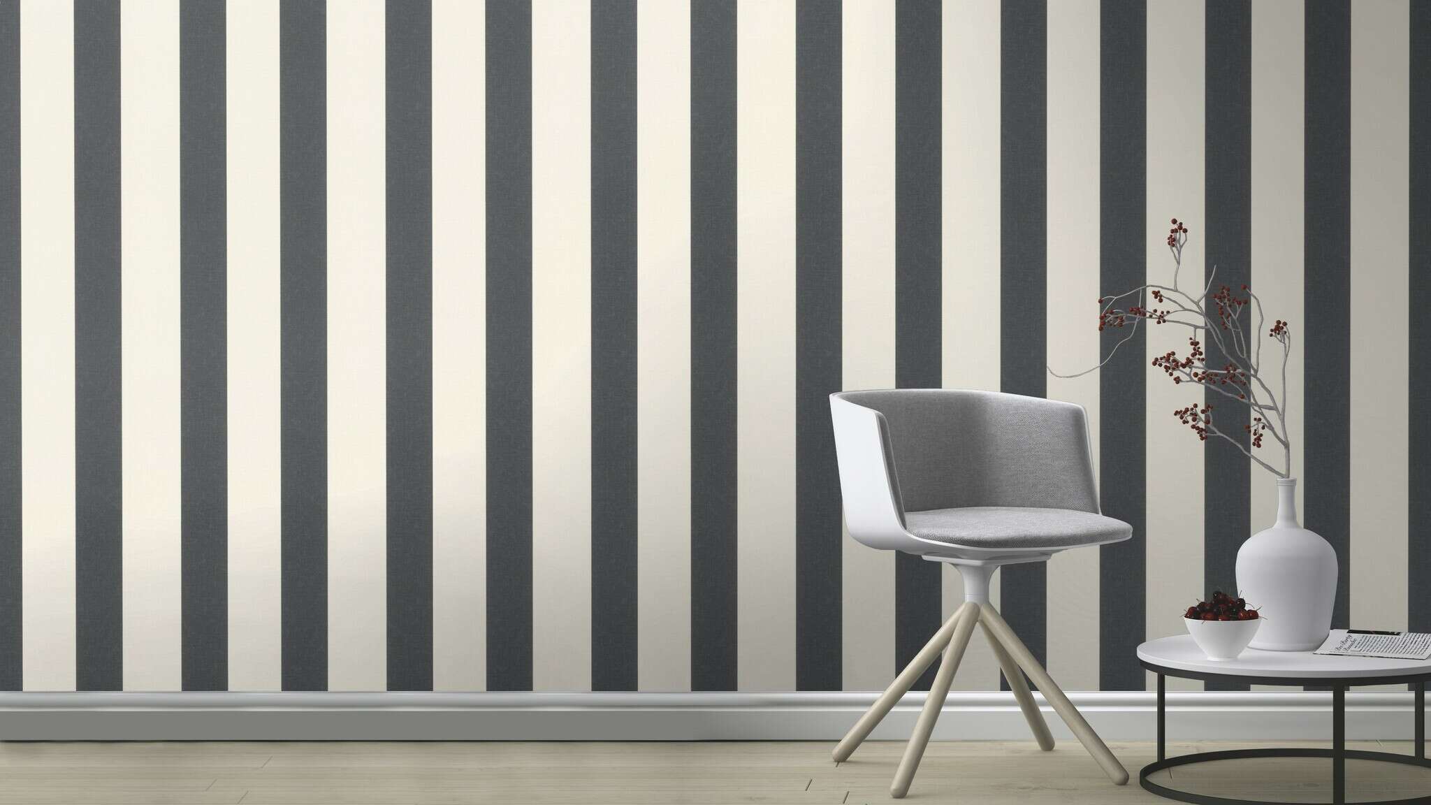10-485479 Raumsituationen 1 Room with Wallpaper with block stripes and linen texture
