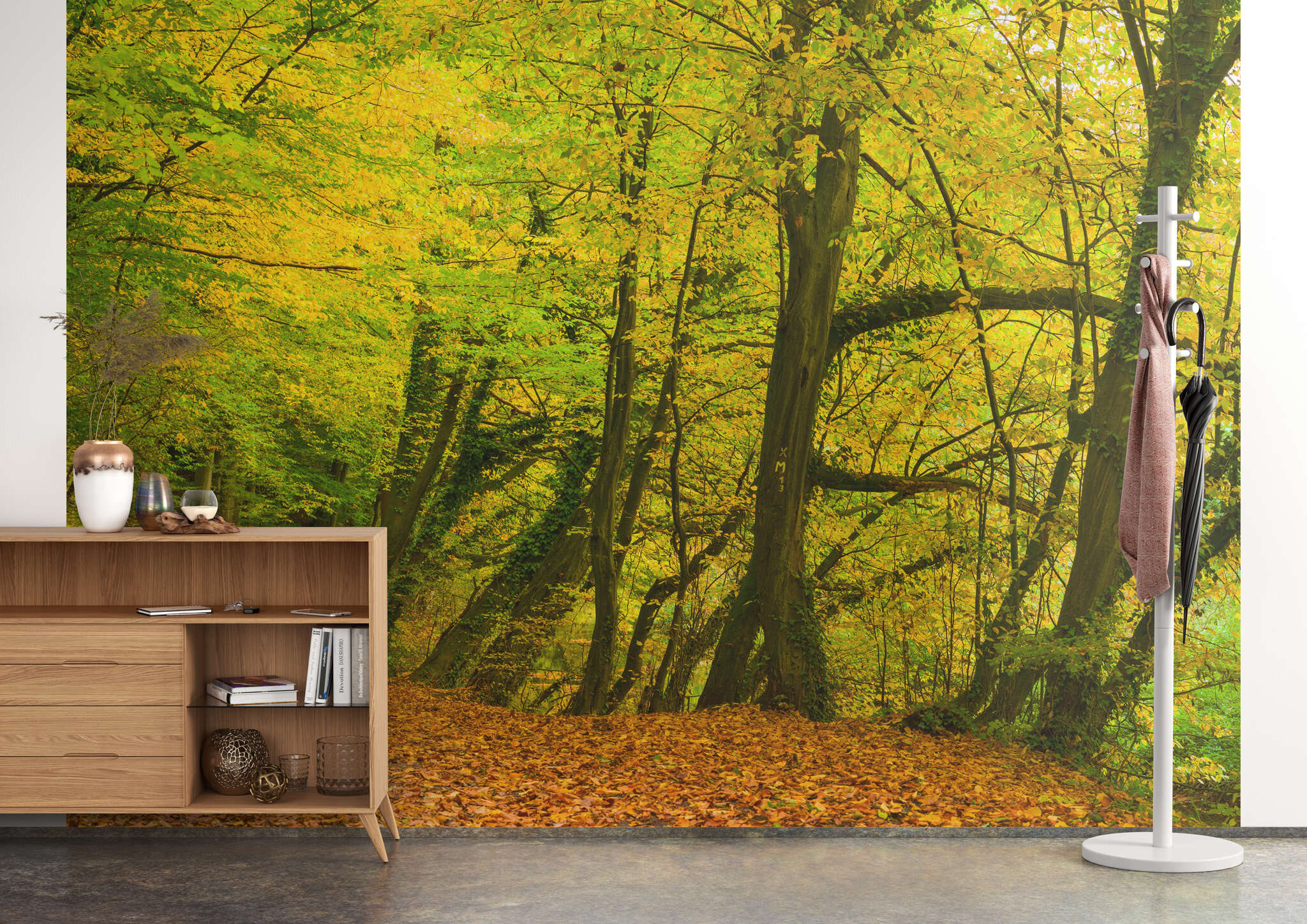 Flur mit 363753 - Fototapete - Frühherbstlich leuchtender Waldweg magicwalls Fototapete Wald 363753
