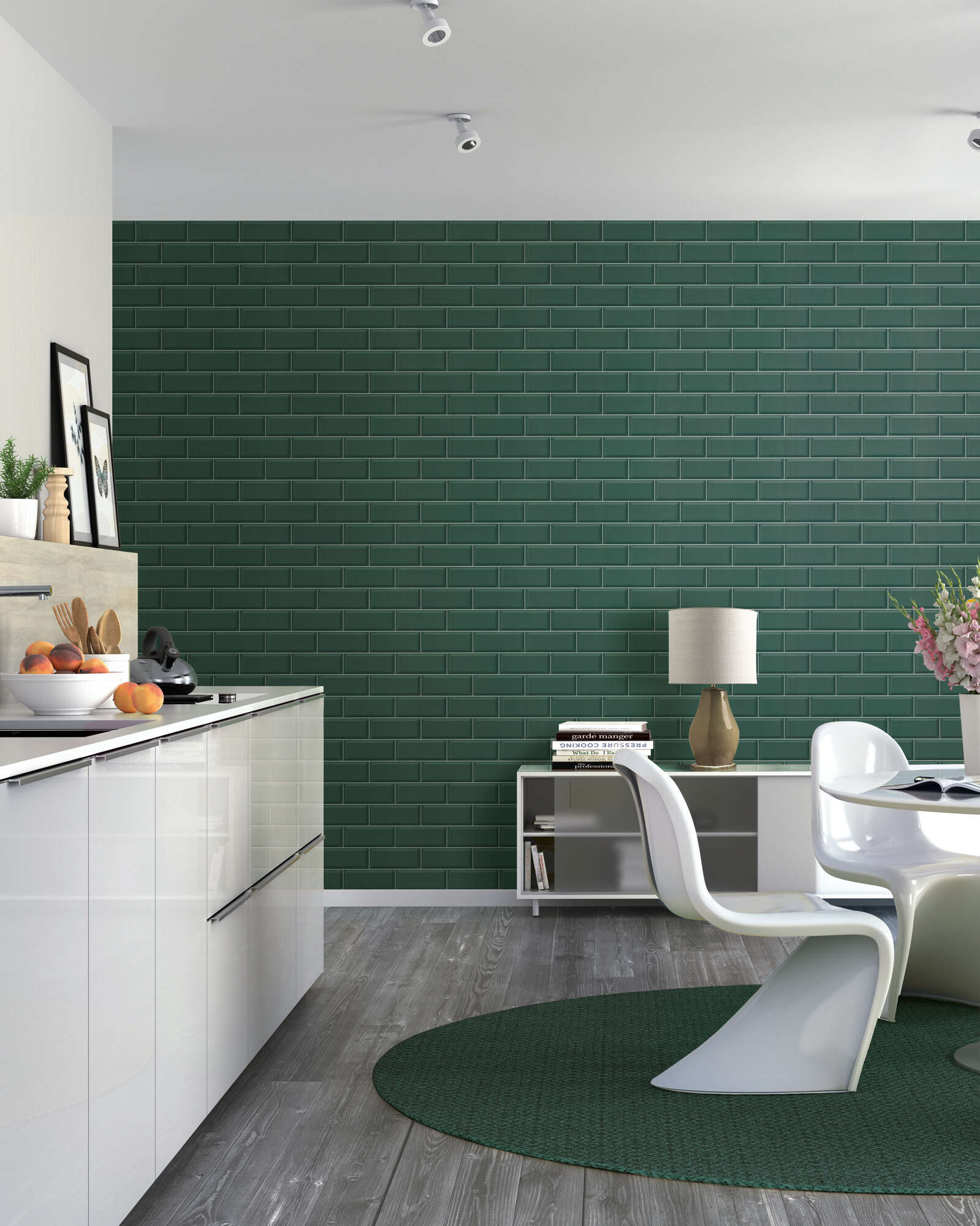 10-429954 Raumsituationen 1 Room with Non-woven wallpaper with a smooth tile look in a subway style in dark green.