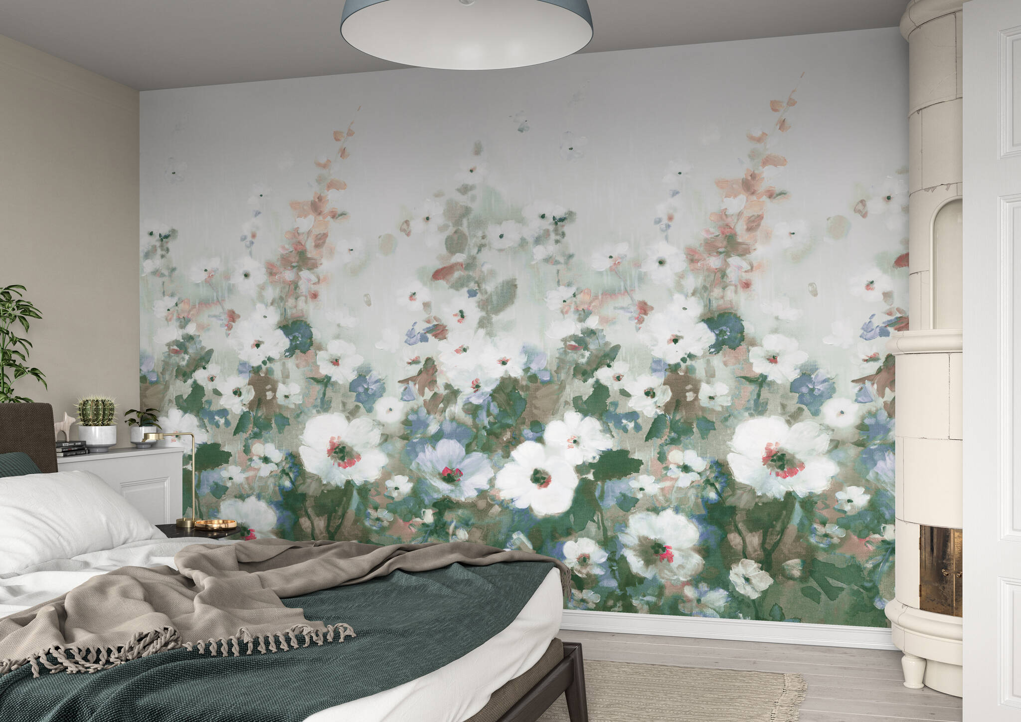 Schlafzimmer mit Wandbild - Sommerblumenwiese in zartem Grün und blauen Highlights